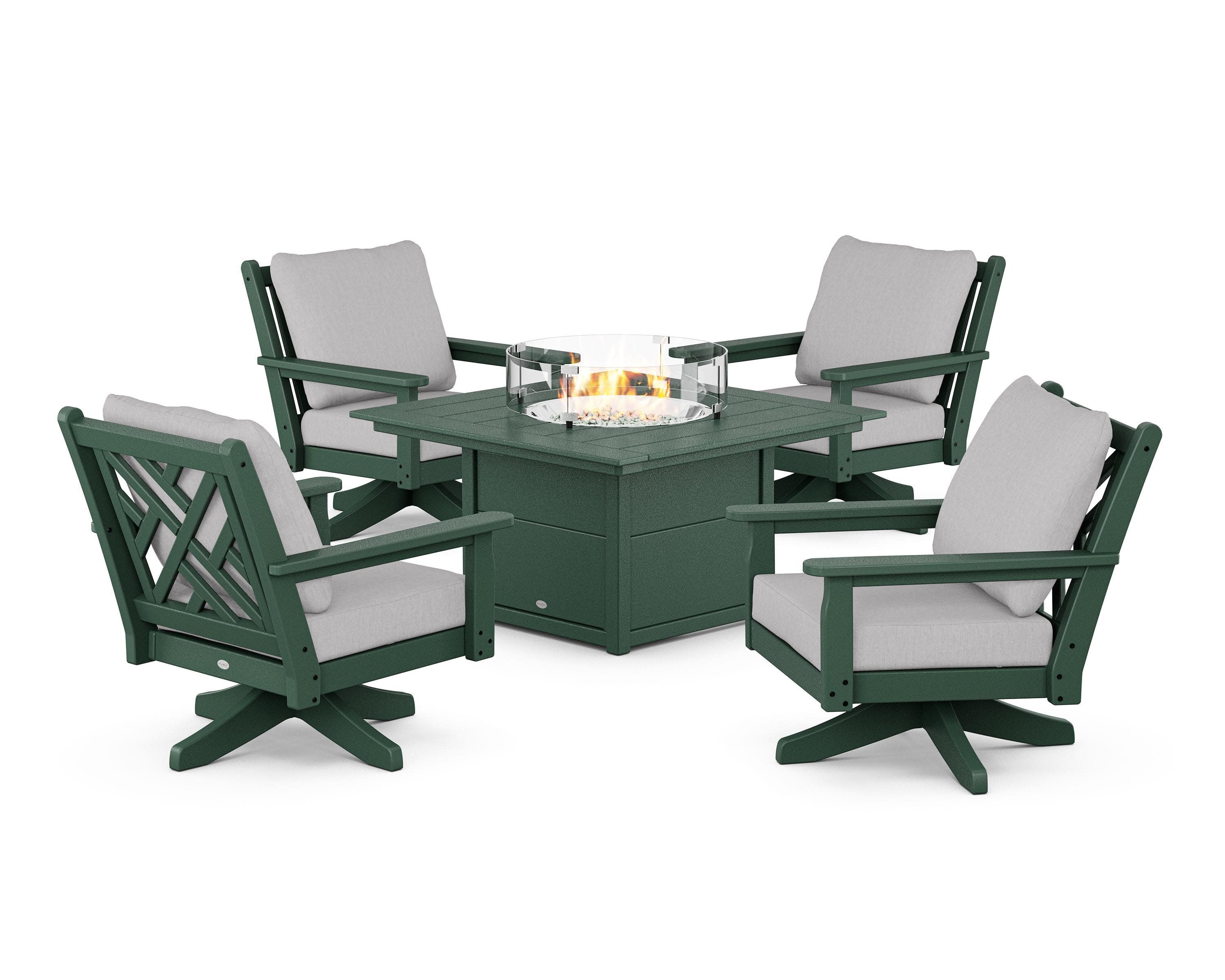 Chippendale 5-Piece Deep Seating Swivel Conversation Set with Fire Pit Table in Green / Granite