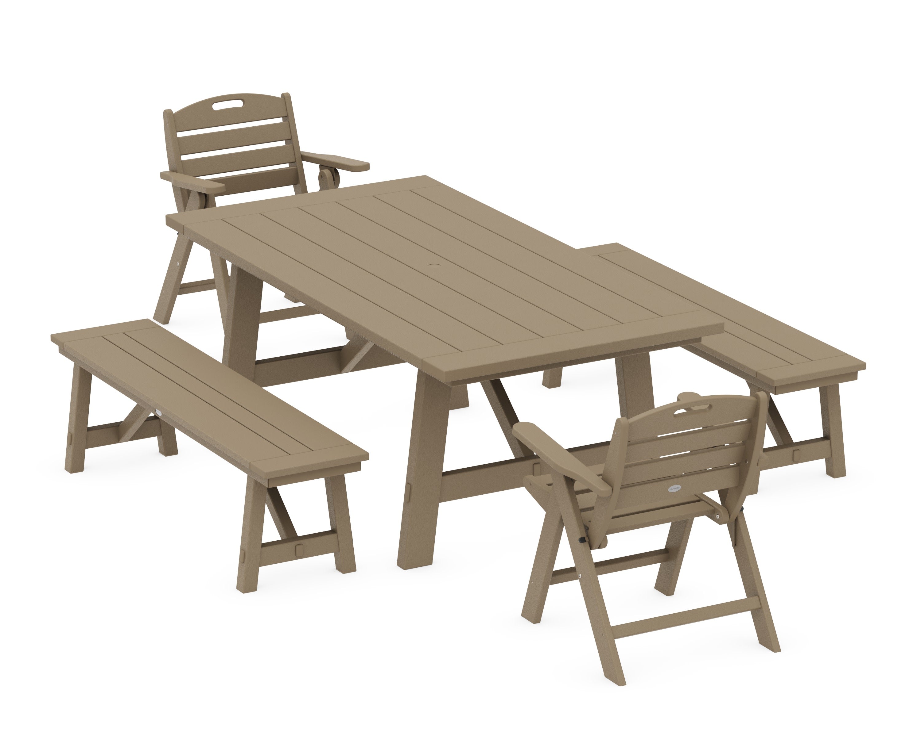 Nautical Folding Lowback Chair 5-Piece Rustic Farmhouse Dining Set With Benches in Vintage Sahara