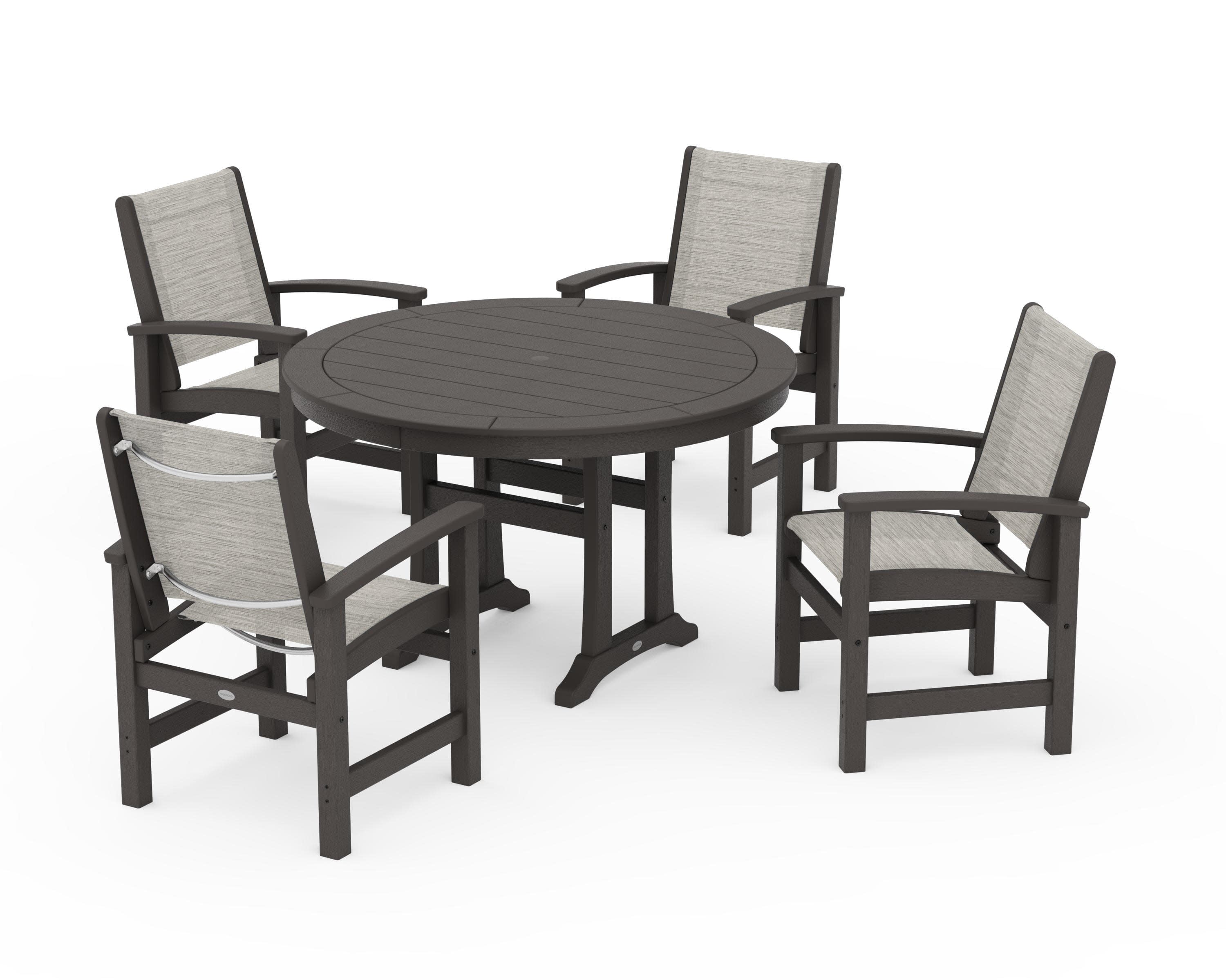 Coastal 5-Piece Round Dining Set with Trestle Legs in Vintage Coffee / Birch Sling