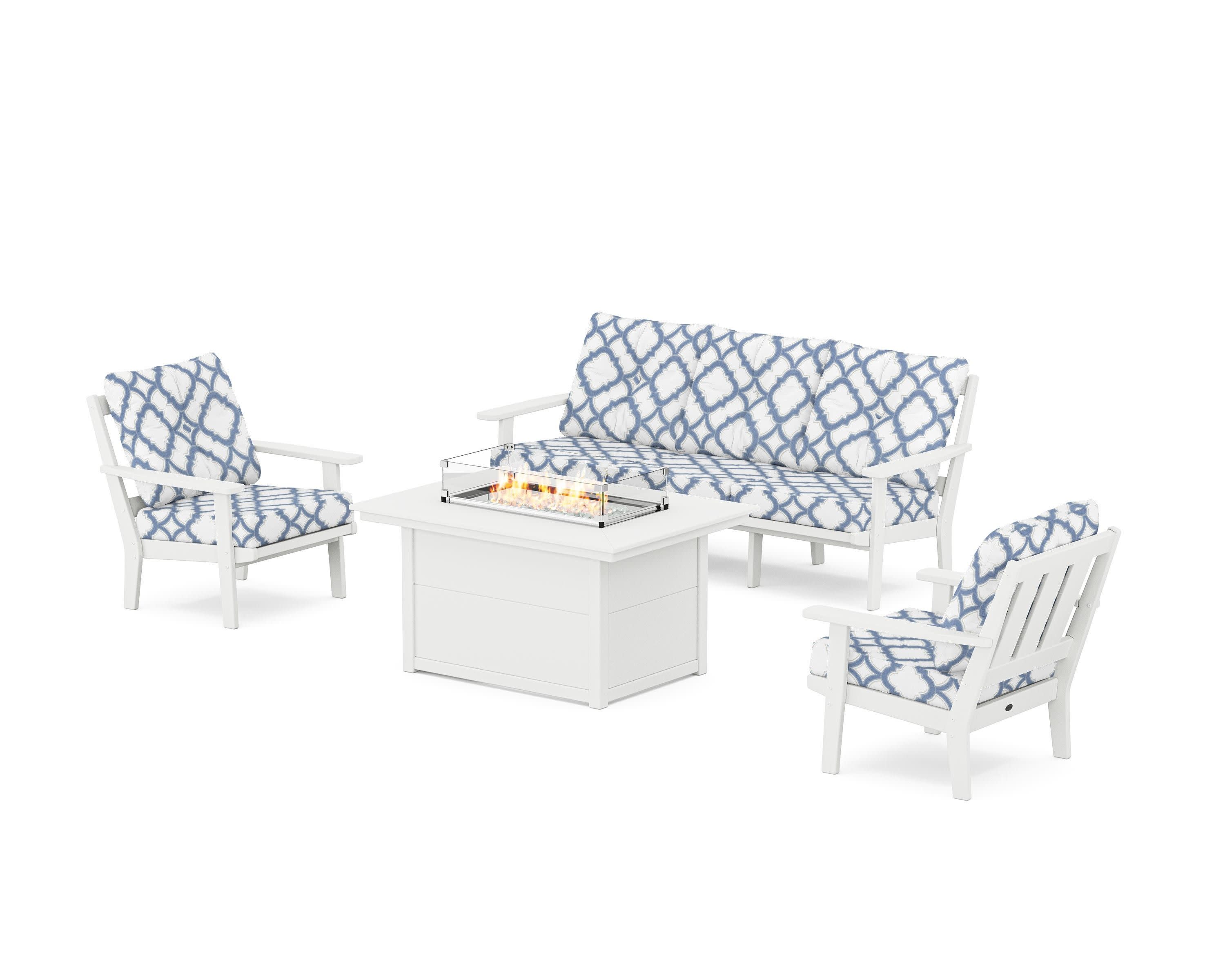 Oxford Deep Seating Fire Pit Table Set in White / Trellis Sky Blue