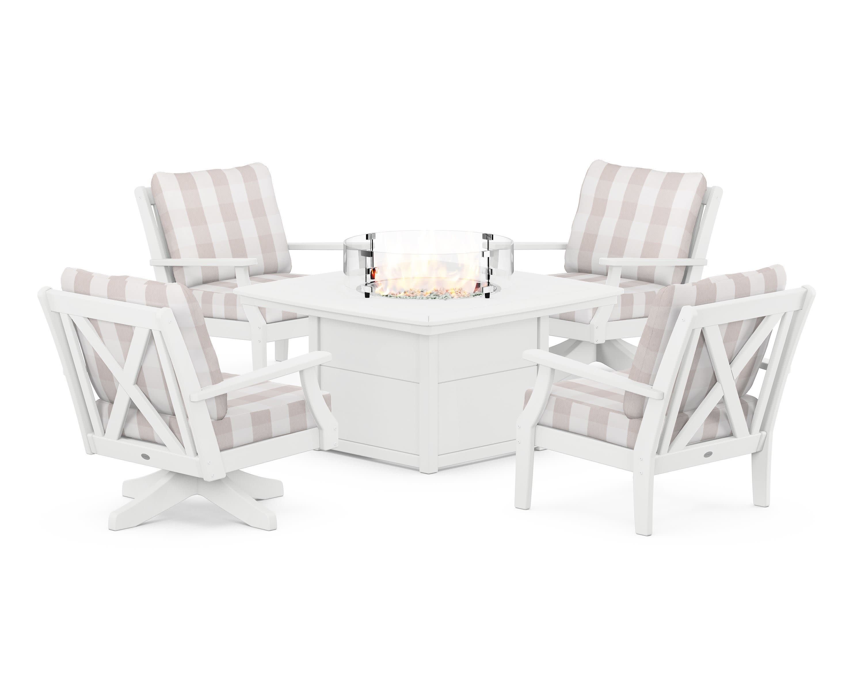 Braxton 5-Piece Deep Seating Set with Fire Table in White / Buffalo Plaid Dune Burlap