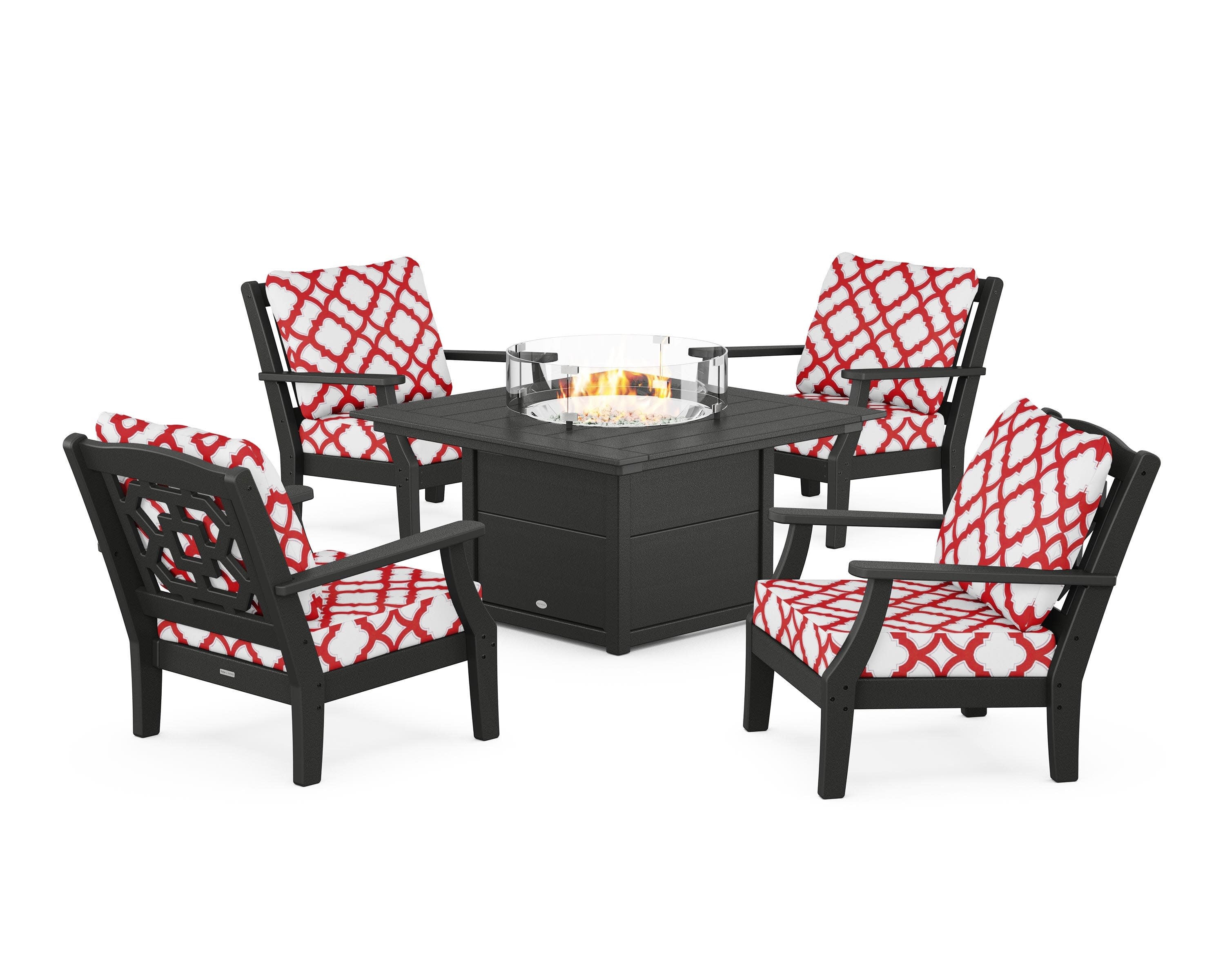 Chinoiserie 5-Piece Deep Seating Set with Fire Pit Table in Black / Trellis Crimson