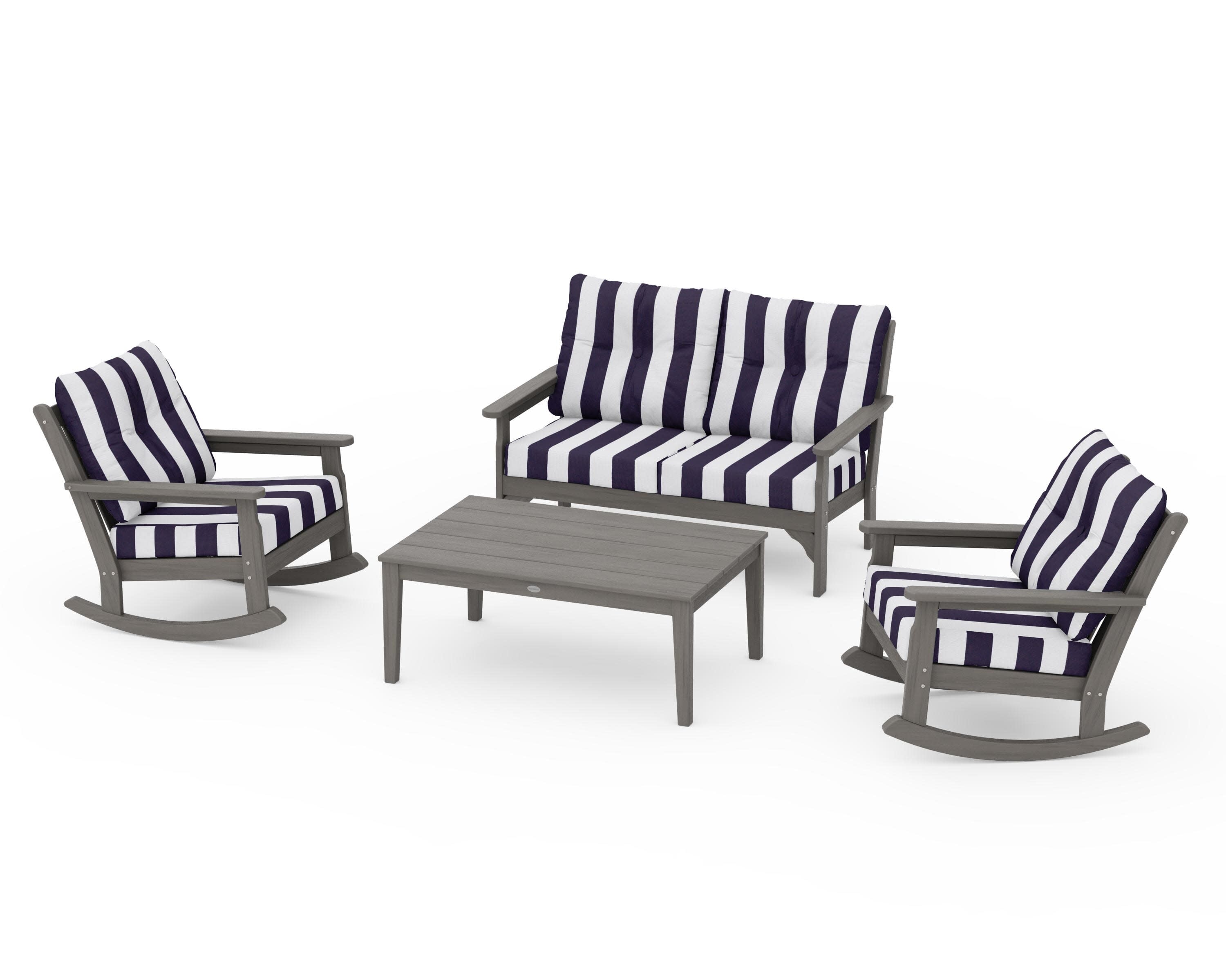 Vineyard 4-Piece Deep Seating Rocking Chair Set in Driftwood / Cabana Stripe Navy