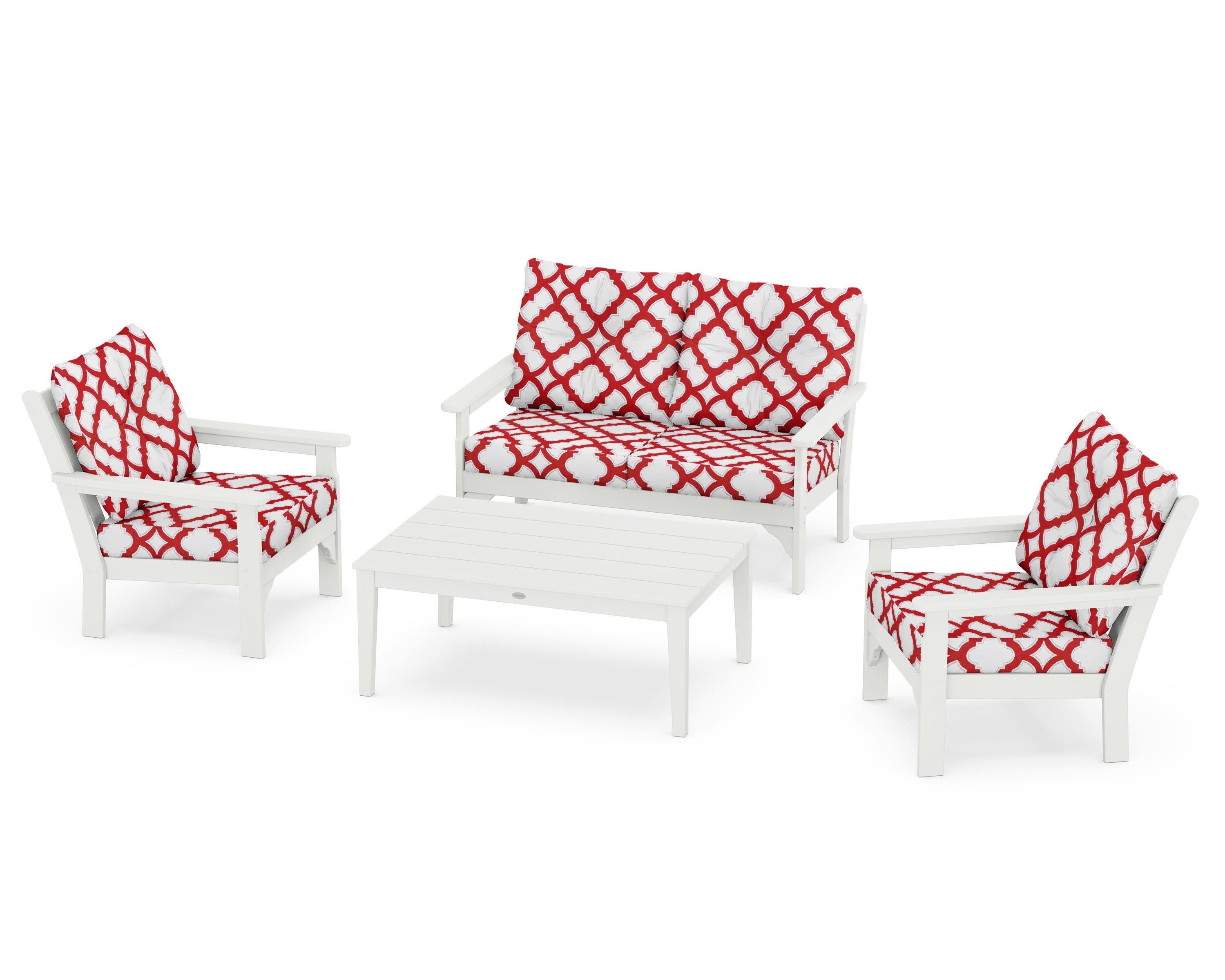 Vineyard 4-Piece Deep Seating Set in Vintage White / Trellis Crimson