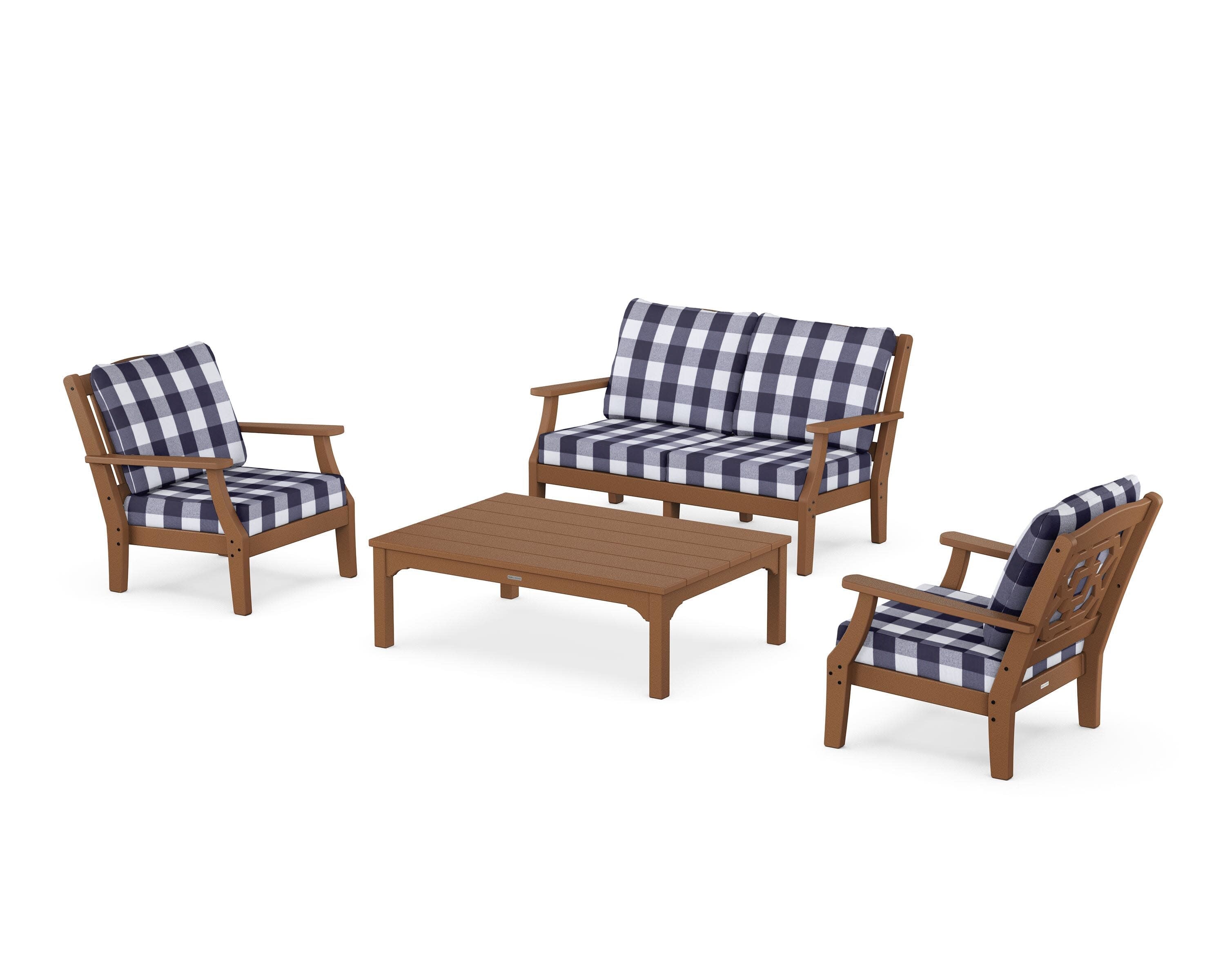 Chinoiserie 4-Piece Deep Seating Set with Loveseat in Teak / Buffalo Plaid Navy