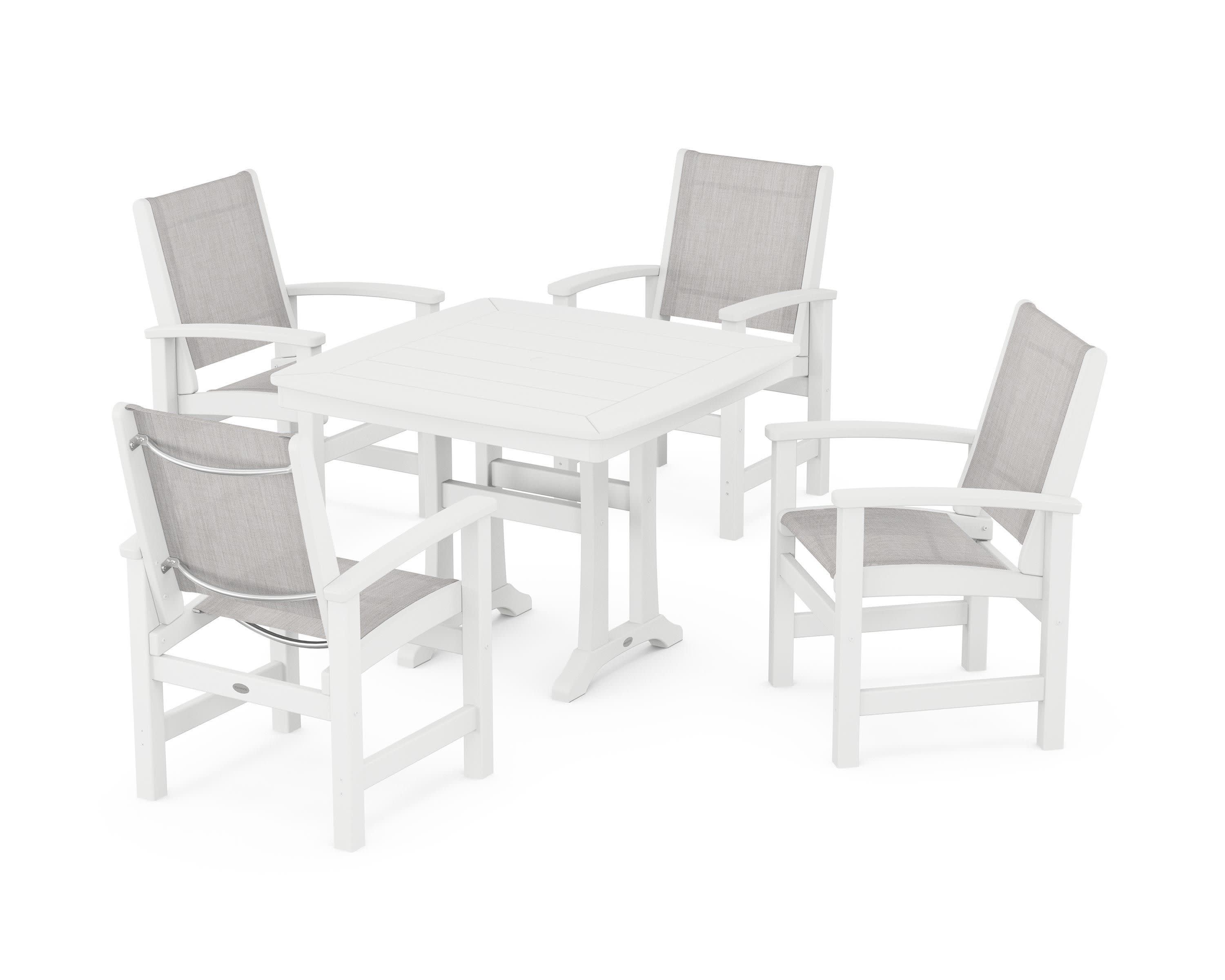 Coastal 5-Piece Dining Set with Trestle Legs in White / Parchment Sling