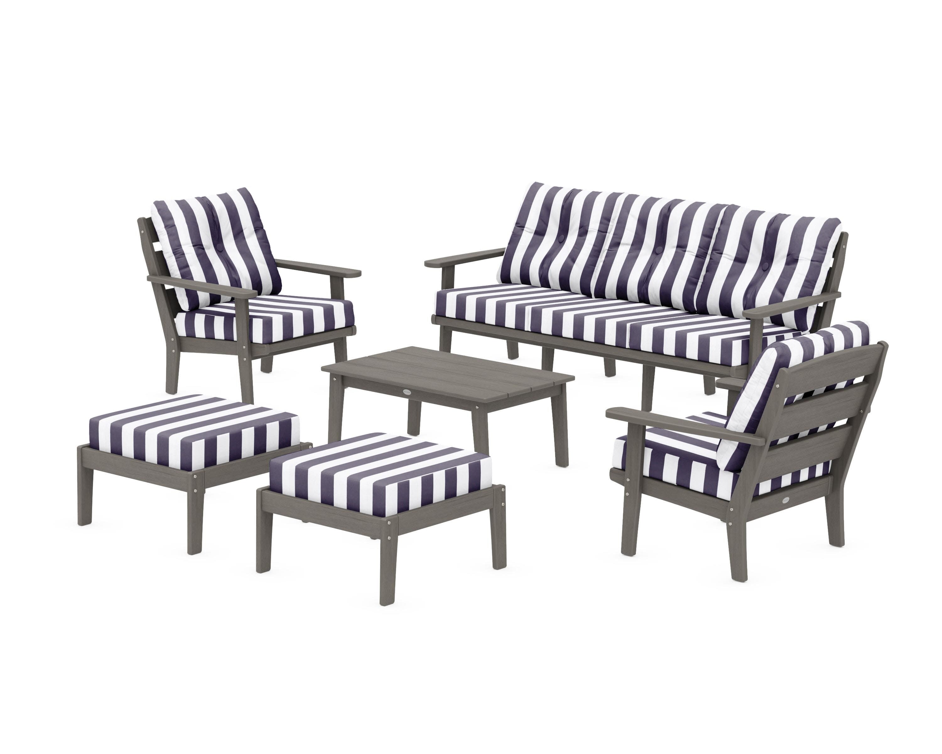 Lakeside 6-Piece Lounge Sofa Set in Driftwood / Cabana Stripe Navy