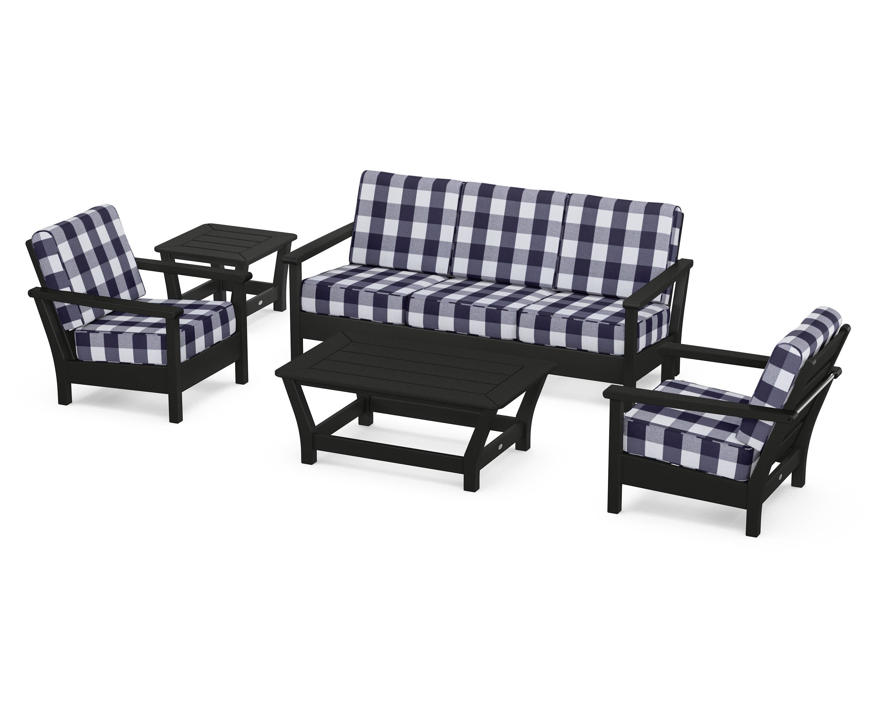 Harbour 5-Piece Deep Seating Set in Black / Buffalo Plaid Navy