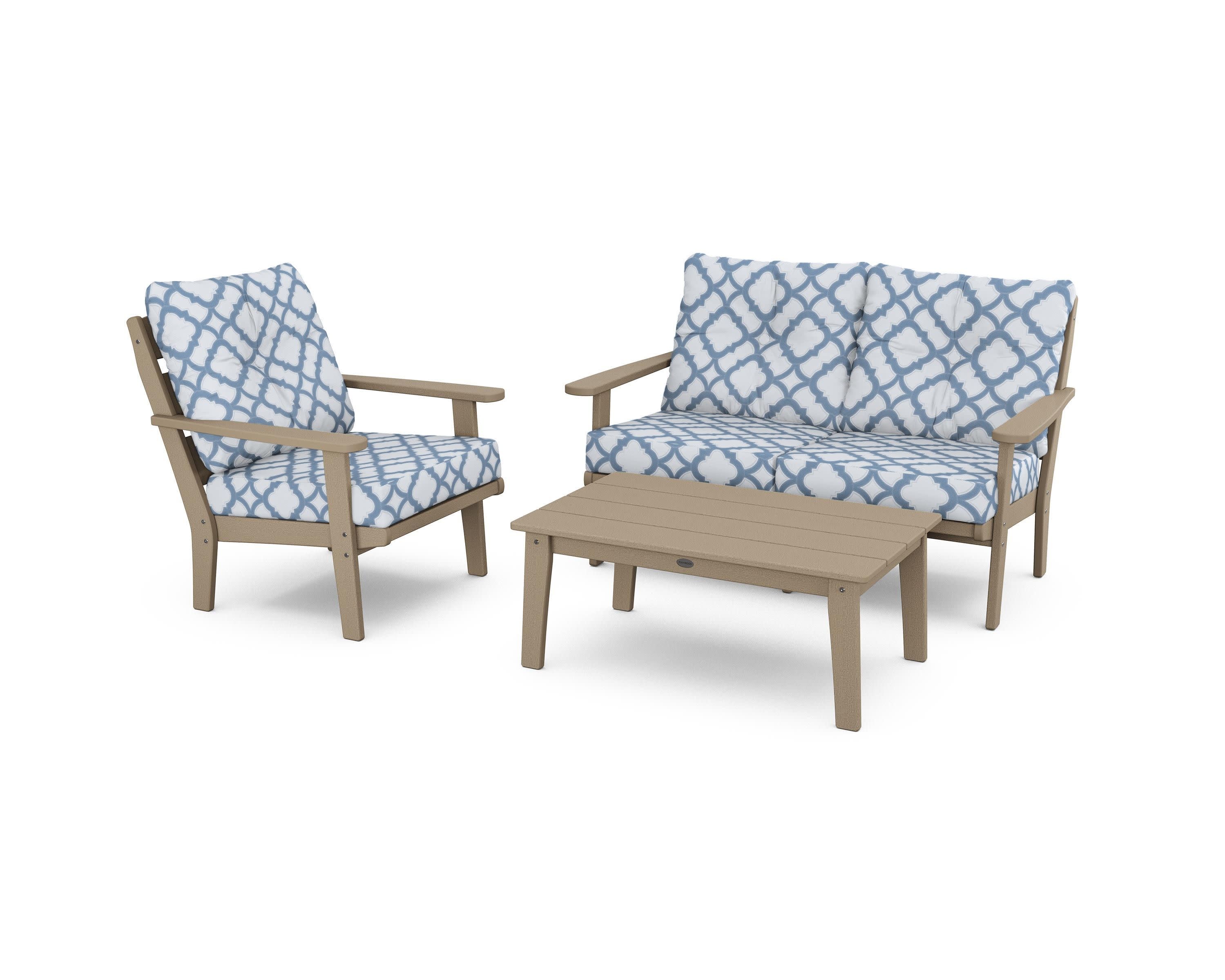 Lakeside 3-Piece Deep Seating Set in Vintage Sahara / Trellis Sky Blue