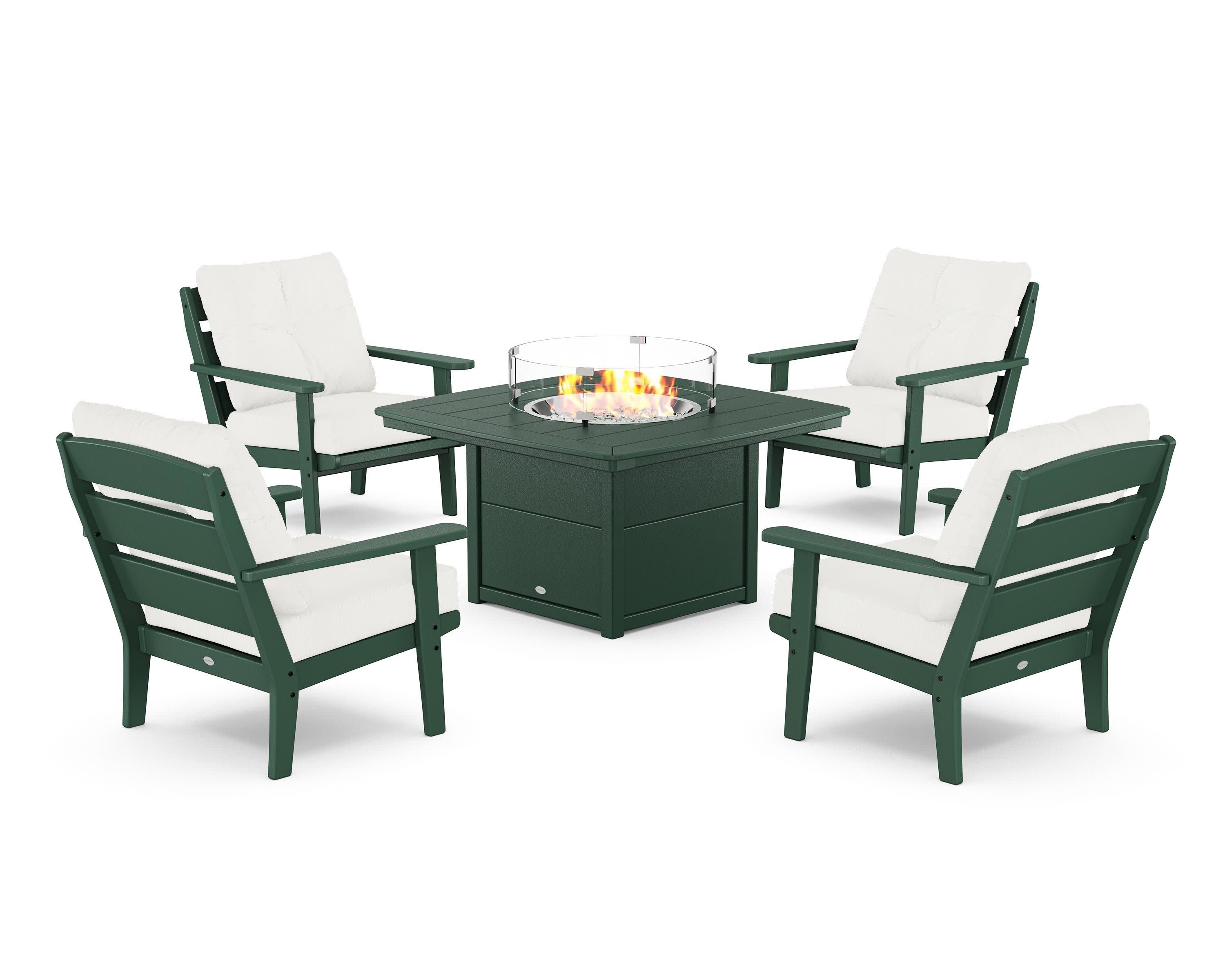 Lakeside 5-Piece Deep Seating Set with Nautical Fire Pit Table in Green / Natural Linen