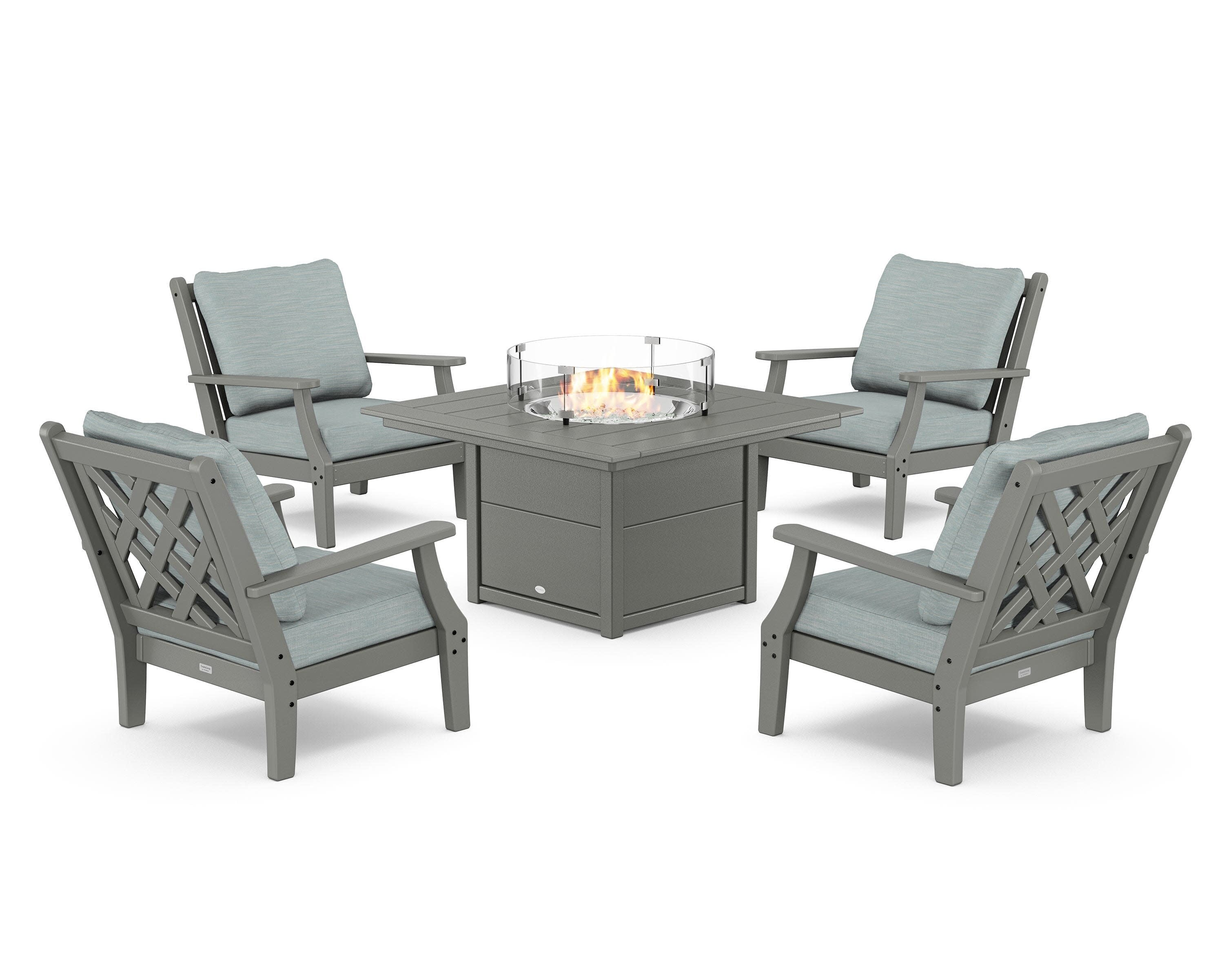 Wovendale 5-Piece Deep Seating Set with Fire Pit Table in Slate Grey / Soothe Mist