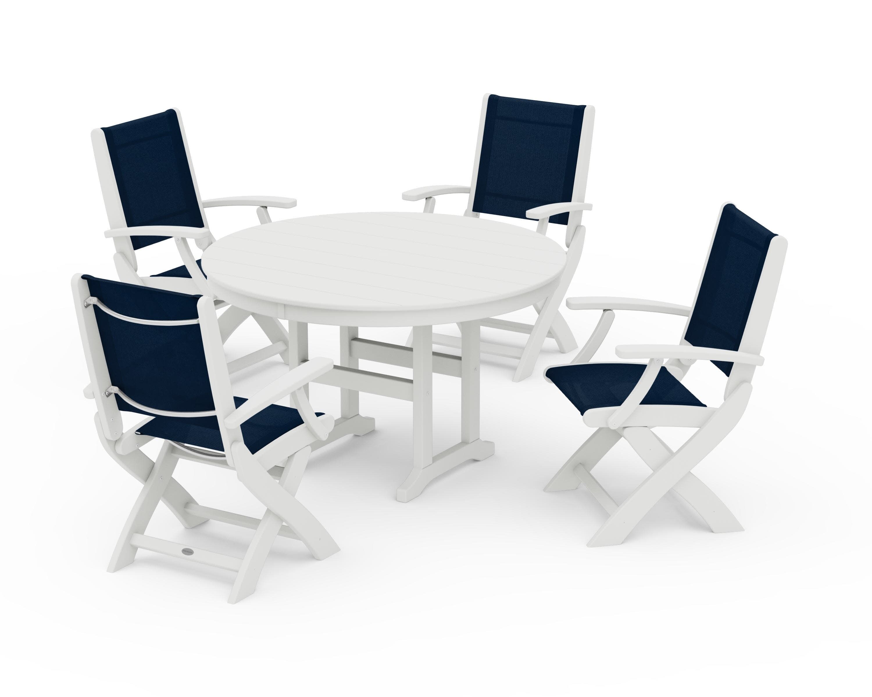 Coastal Folding Chair 5-Piece Round Dining Set in Vintage White / Navy Blue Sling