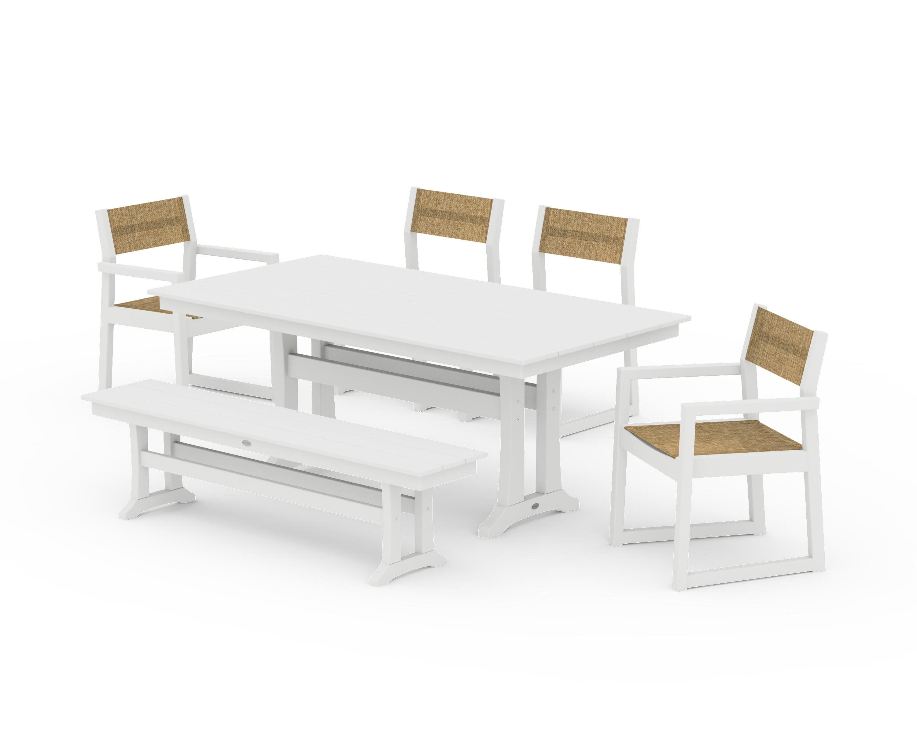 EDGE Sling 6-Piece Farmhouse Dining Set With Trestle Legs in White / Burlap Sling
