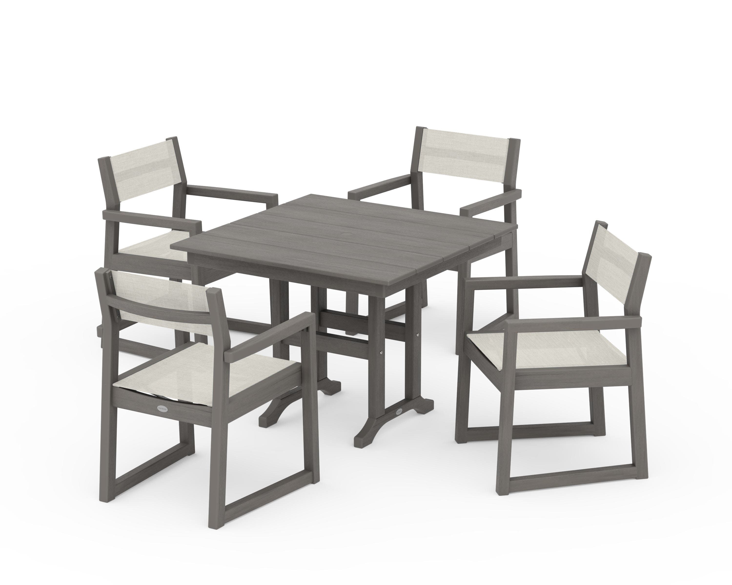 EDGE Sling Arm Chair 5-Piece Farmhouse Dining Set in Driftwood / Parchment Sling