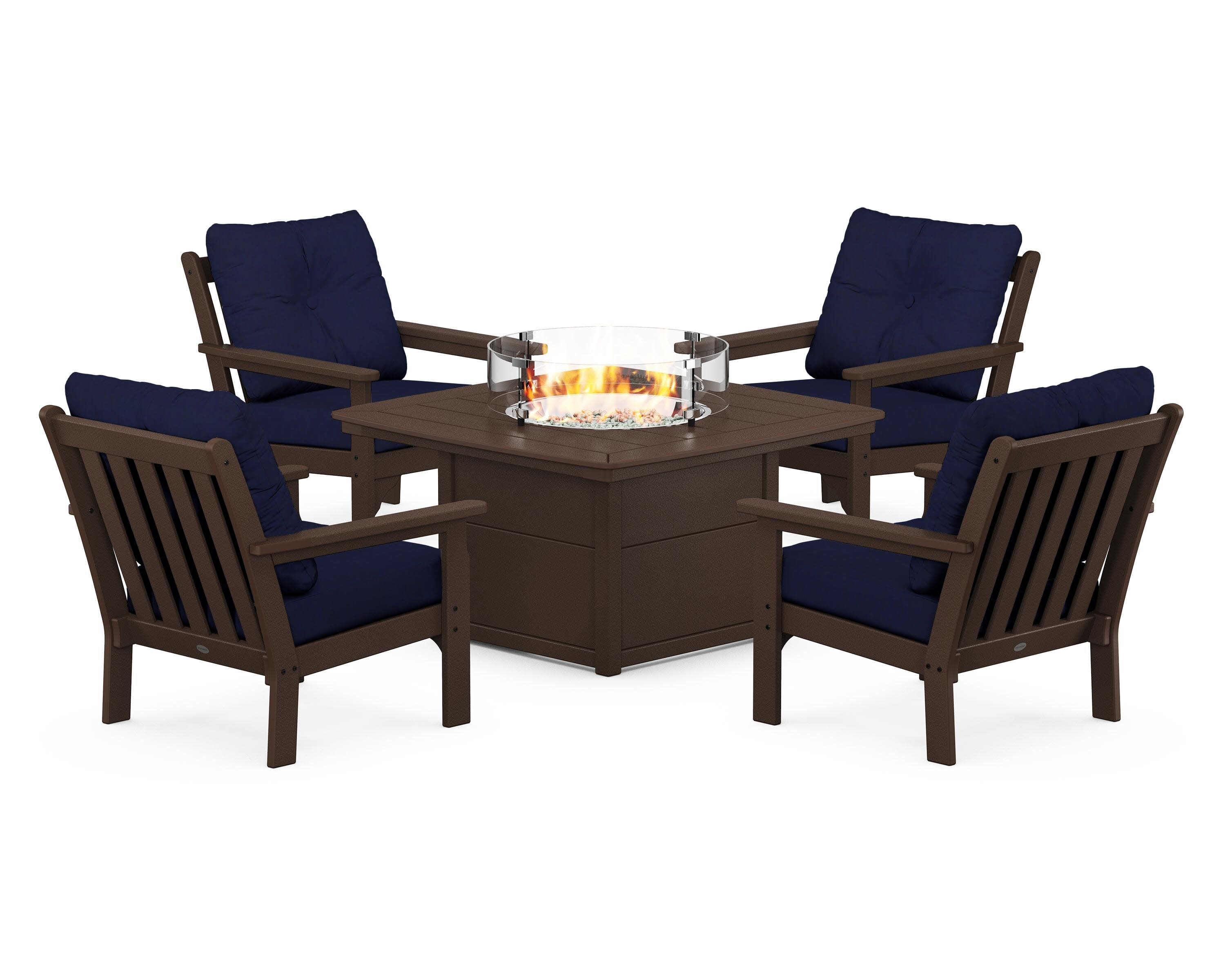 Vineyard 5-Piece Conversation Set with Fire Pit Table in Mahogany / Navy