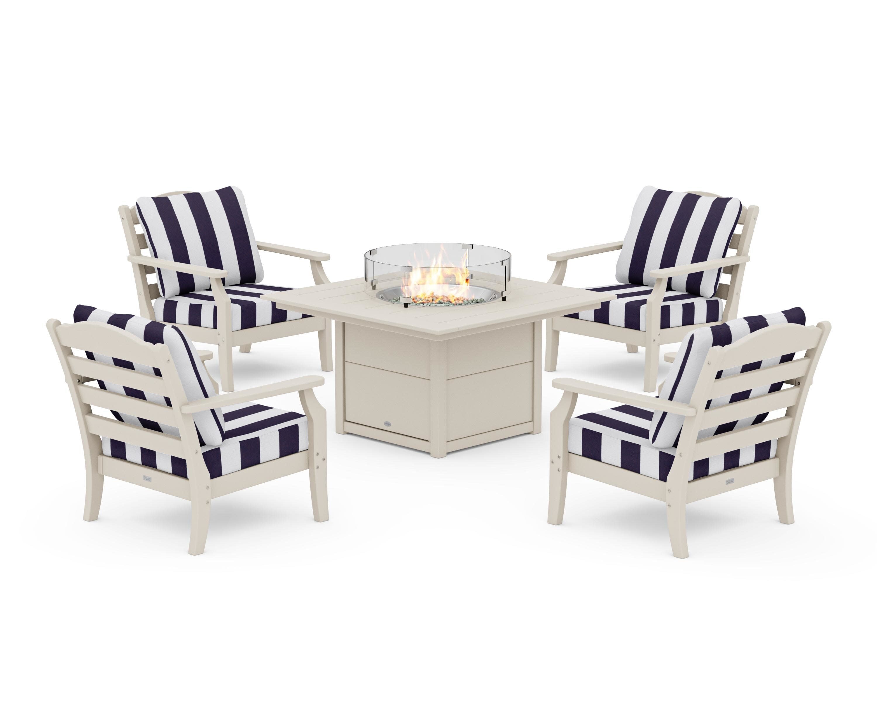 Savannah 5-Piece Deep Seating Set with Fire Pit Table in Sand / Cabana Stripe Navy
