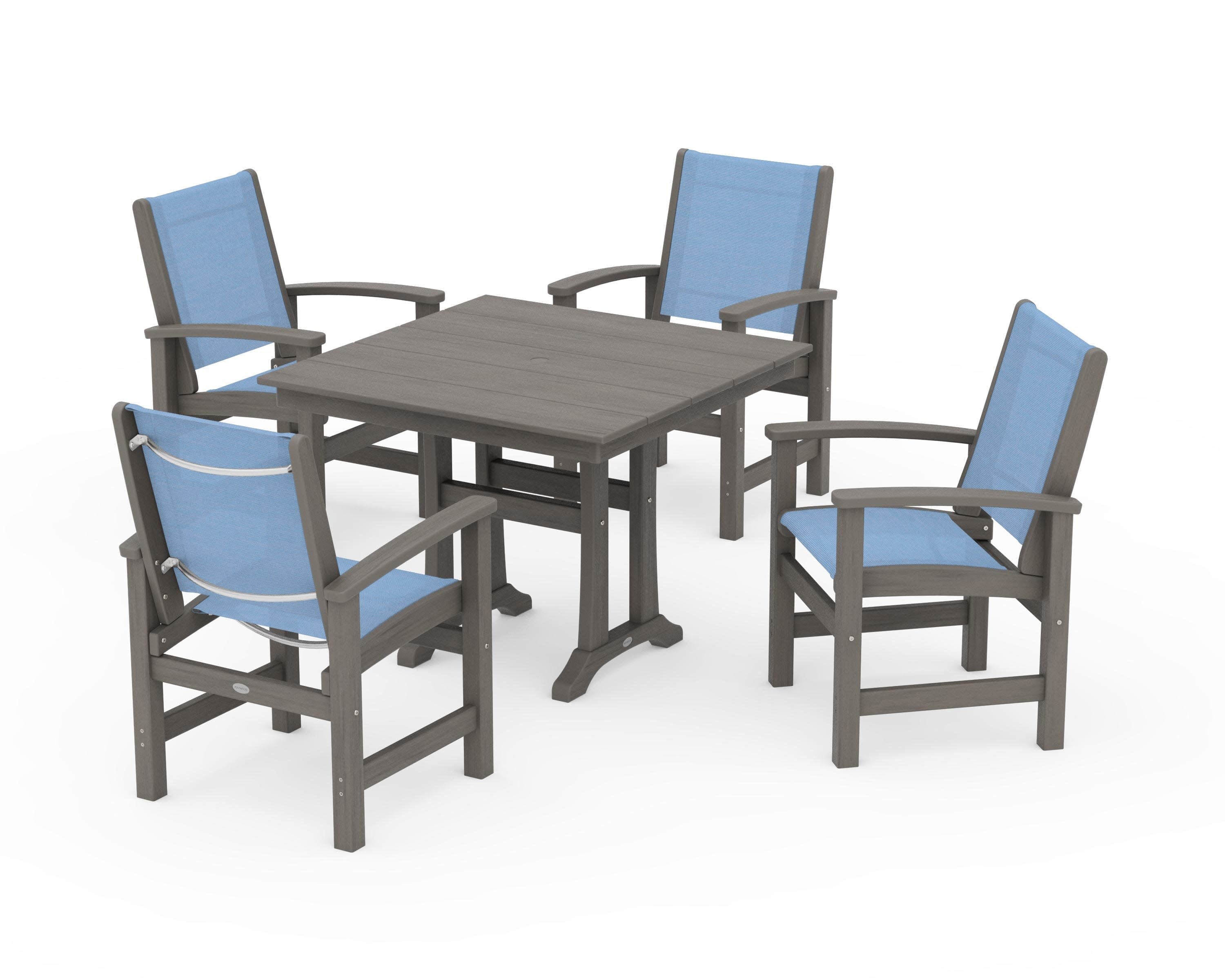 Coastal 5-Piece Farmhouse Dining Set With Trestle Legs in Driftwood / Poolside Sling