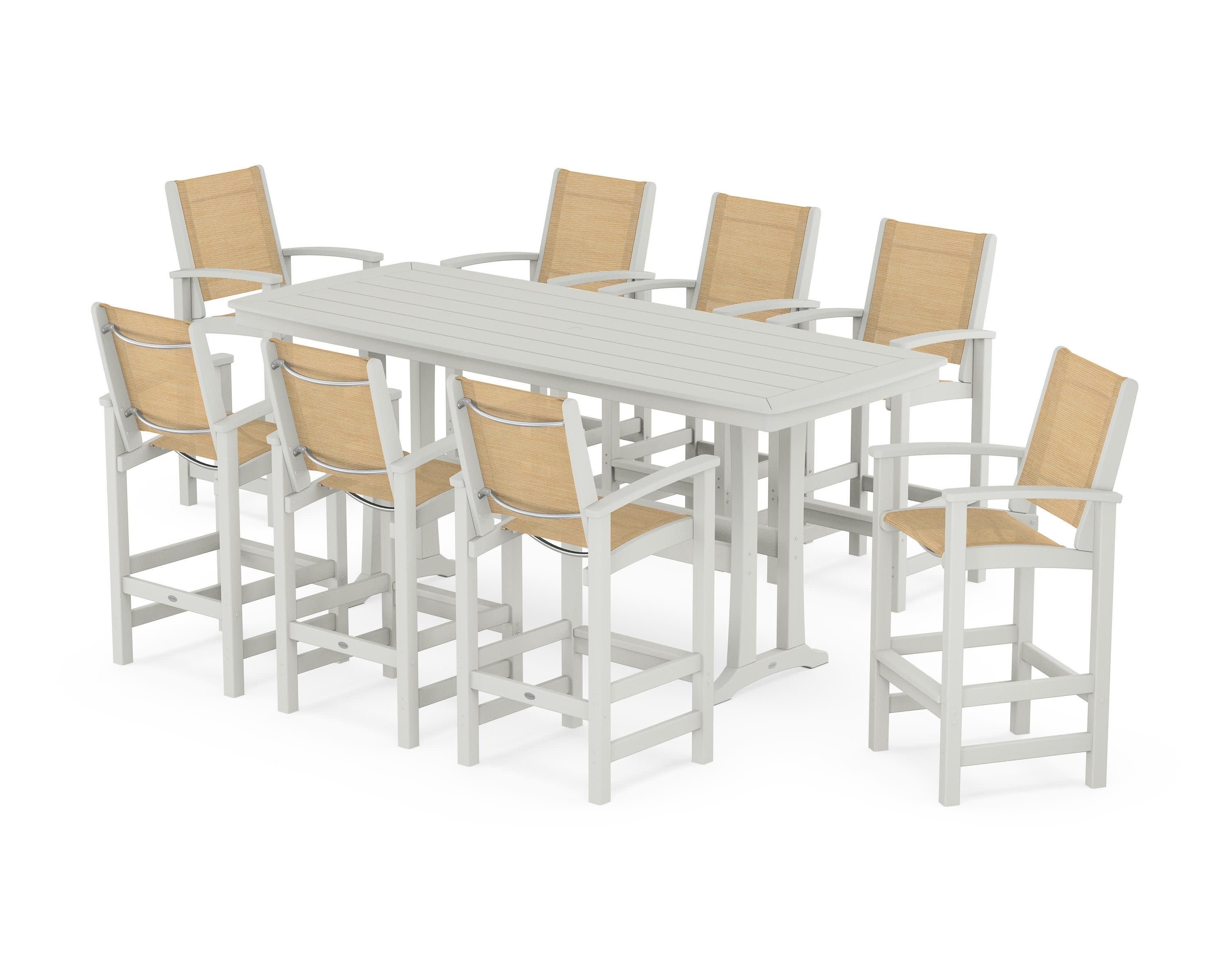 Coastal 9-Piece Bar Set with Trestle Legs in Vintage White / Dupioni Apricot Sling