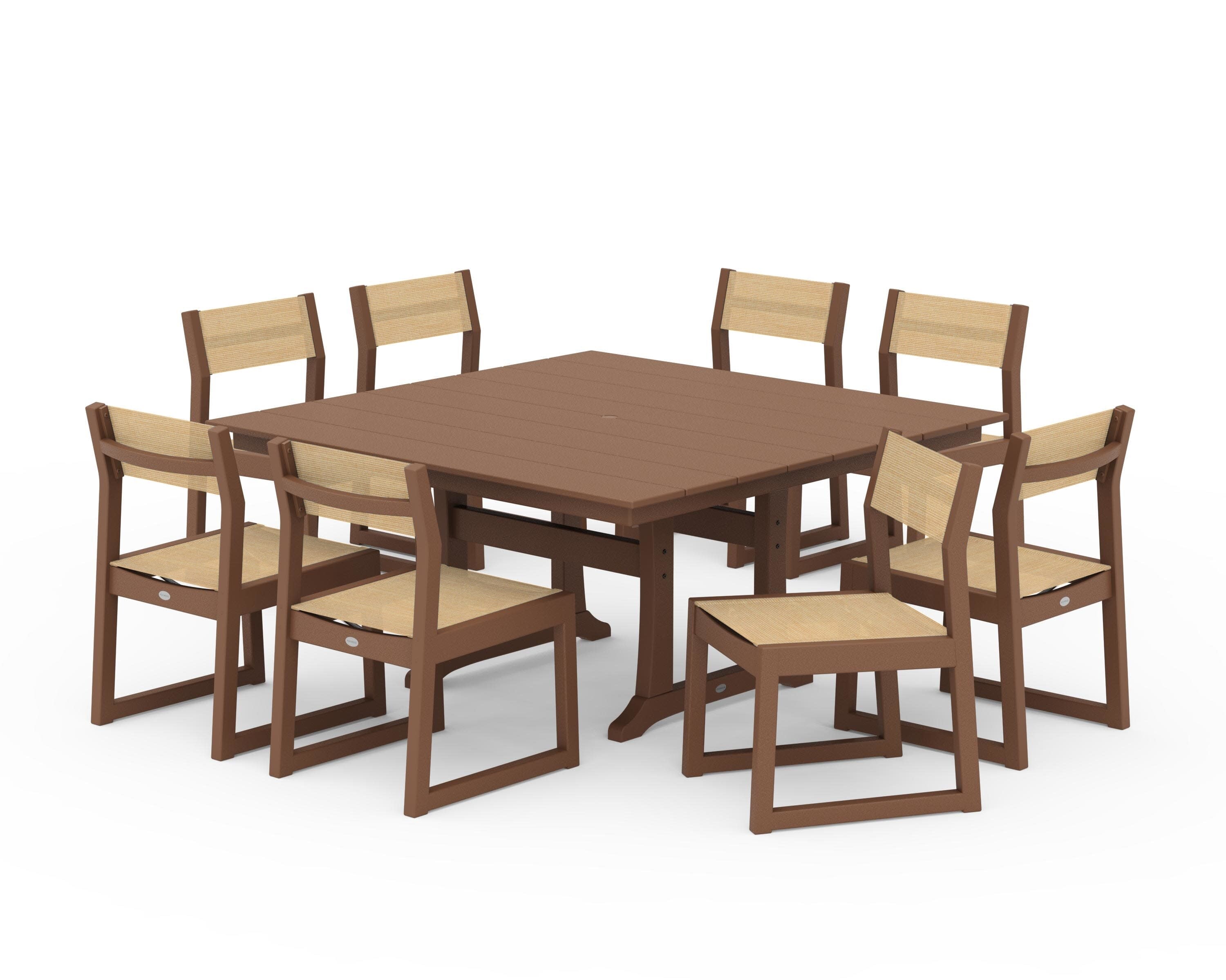 EDGE Sling Side Chair 9-Piece Farmhouse Trestle Dining Set in Teak / Dupioni Apricot Sling