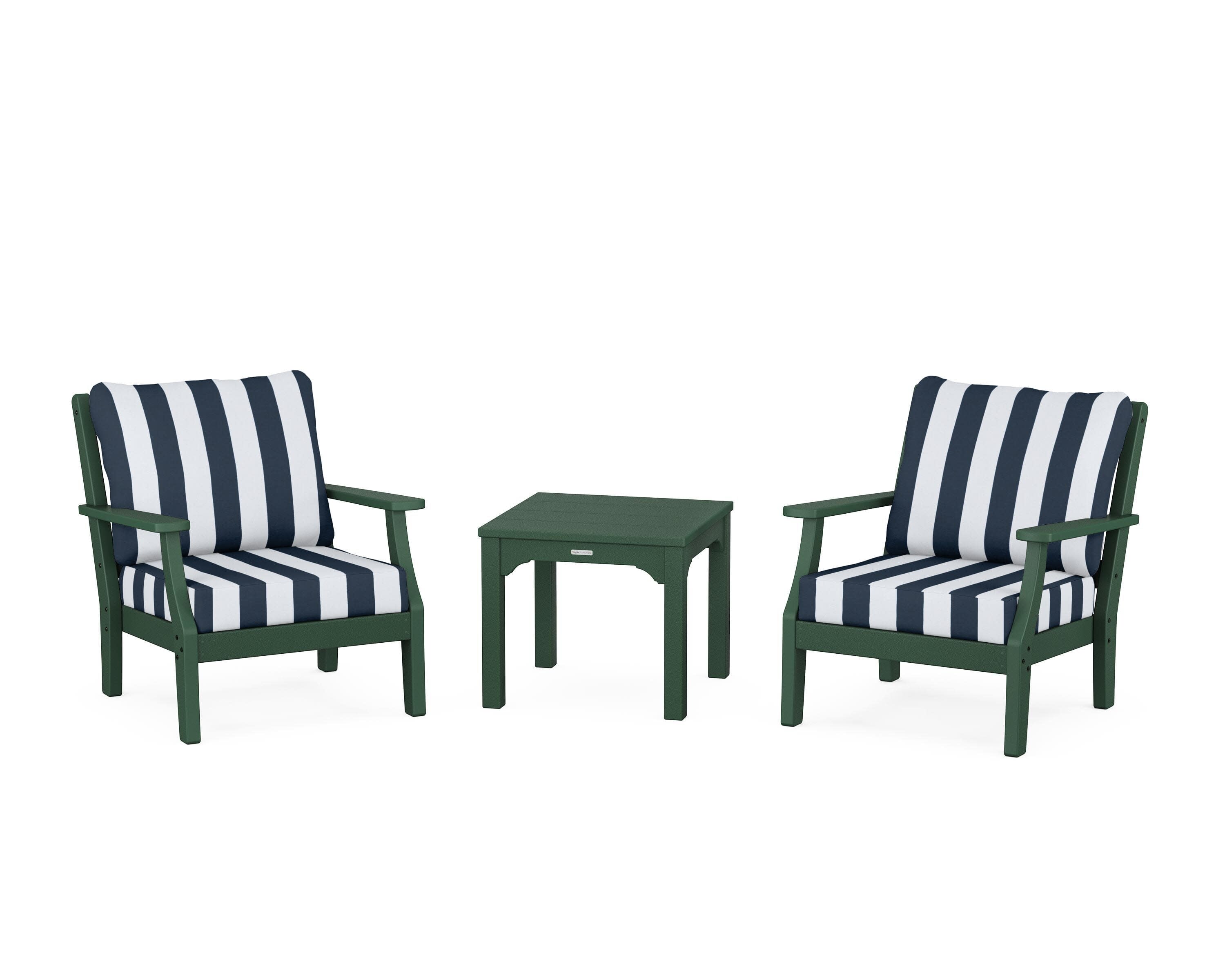 Chinoiserie 3-Piece Deep Seating Set in Green / Cabana Stripe Marine Indigo