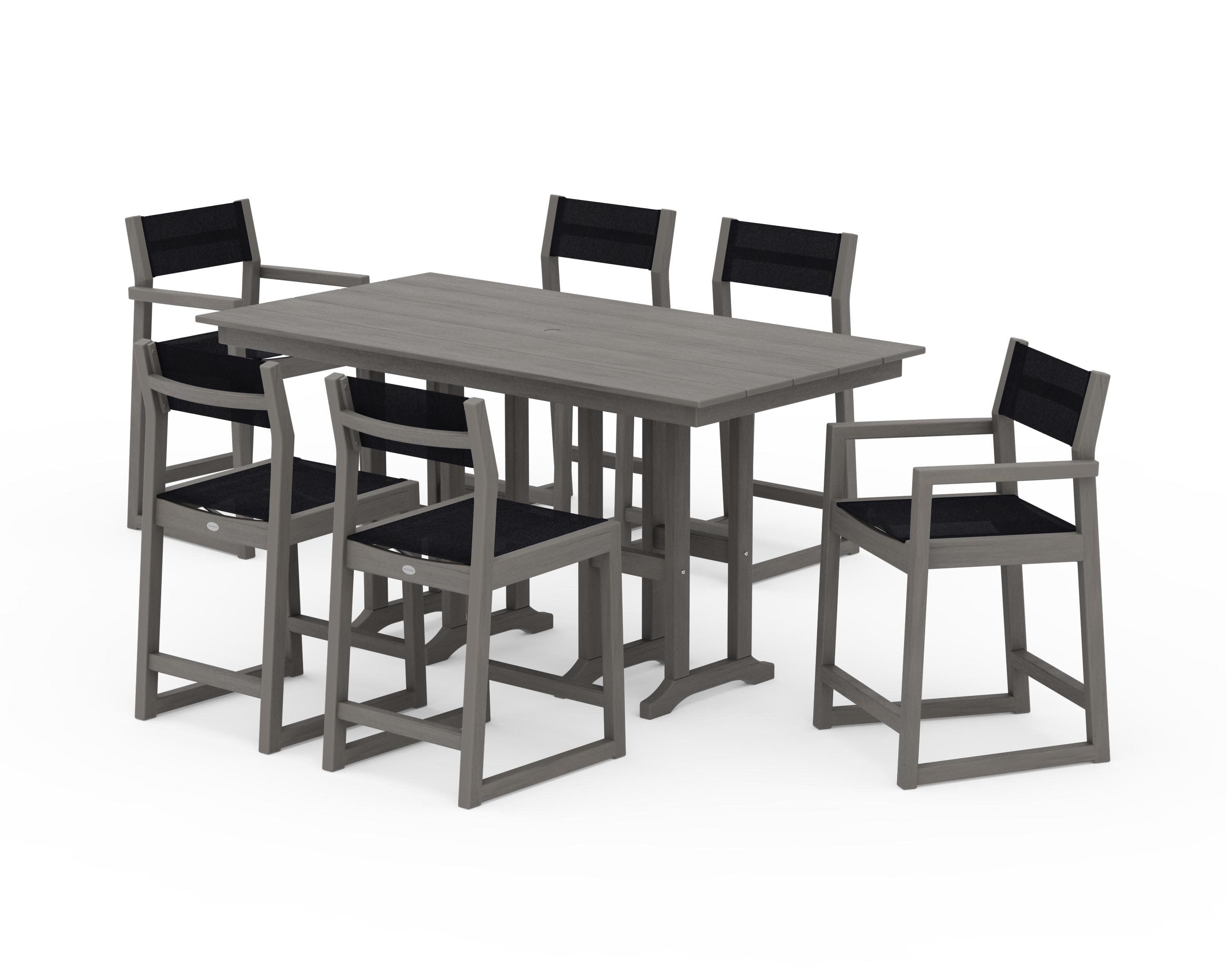 EDGE Sling 7-Piece Farmhouse Counter Set with Trestle Legs in Driftwood / Black Sling