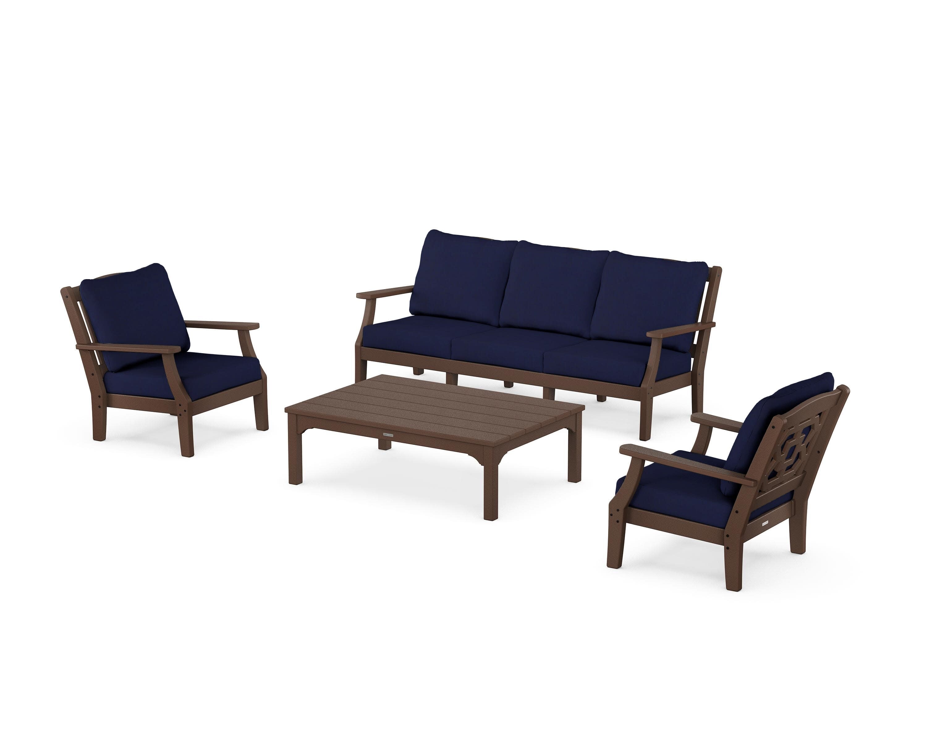 Chinoiserie 4-Piece Deep Seating Set with Sofa in Mahogany / Navy
