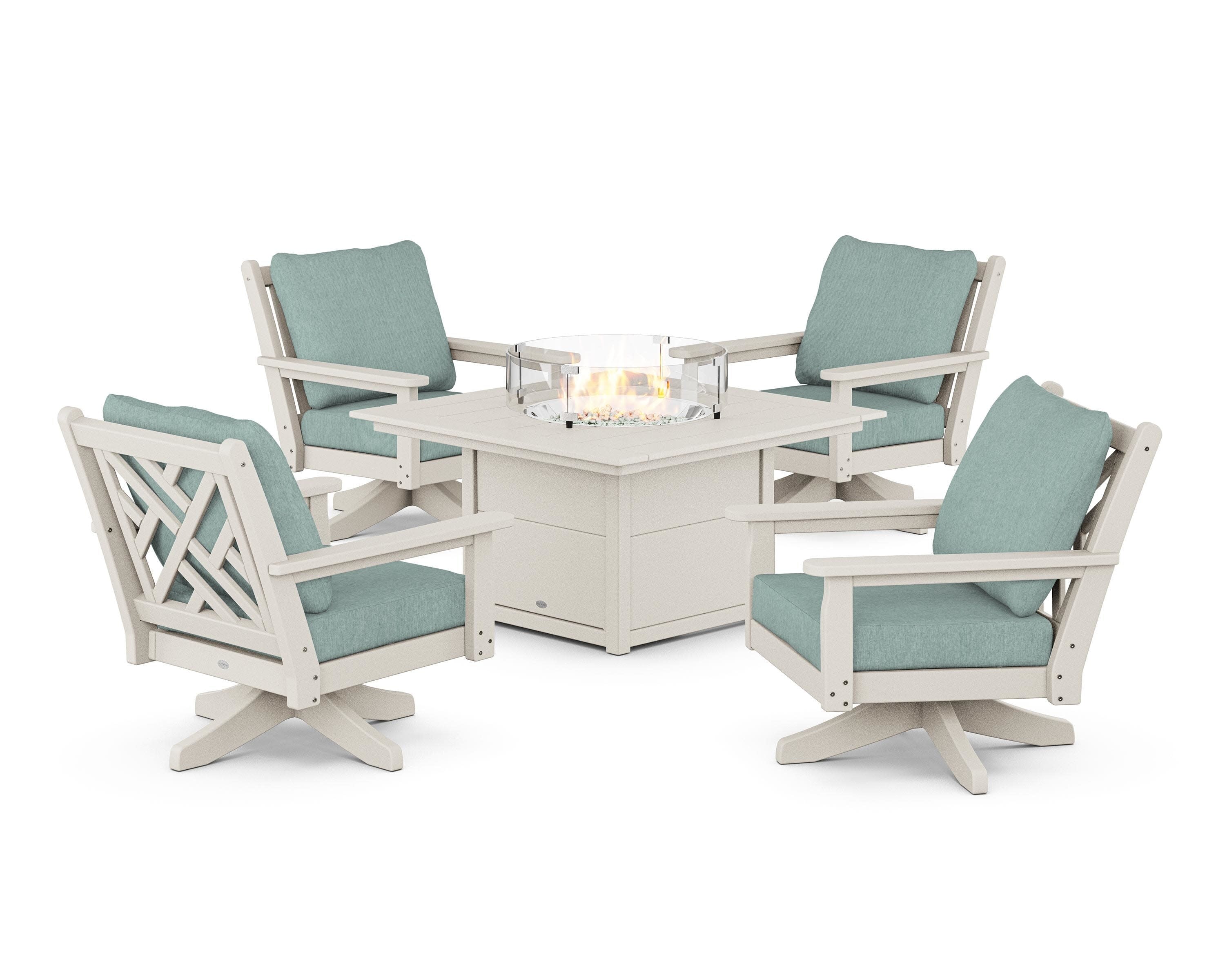 Chippendale 5-Piece Deep Seating Swivel Conversation Set with Fire Pit Table in Sand / Glacier Spa