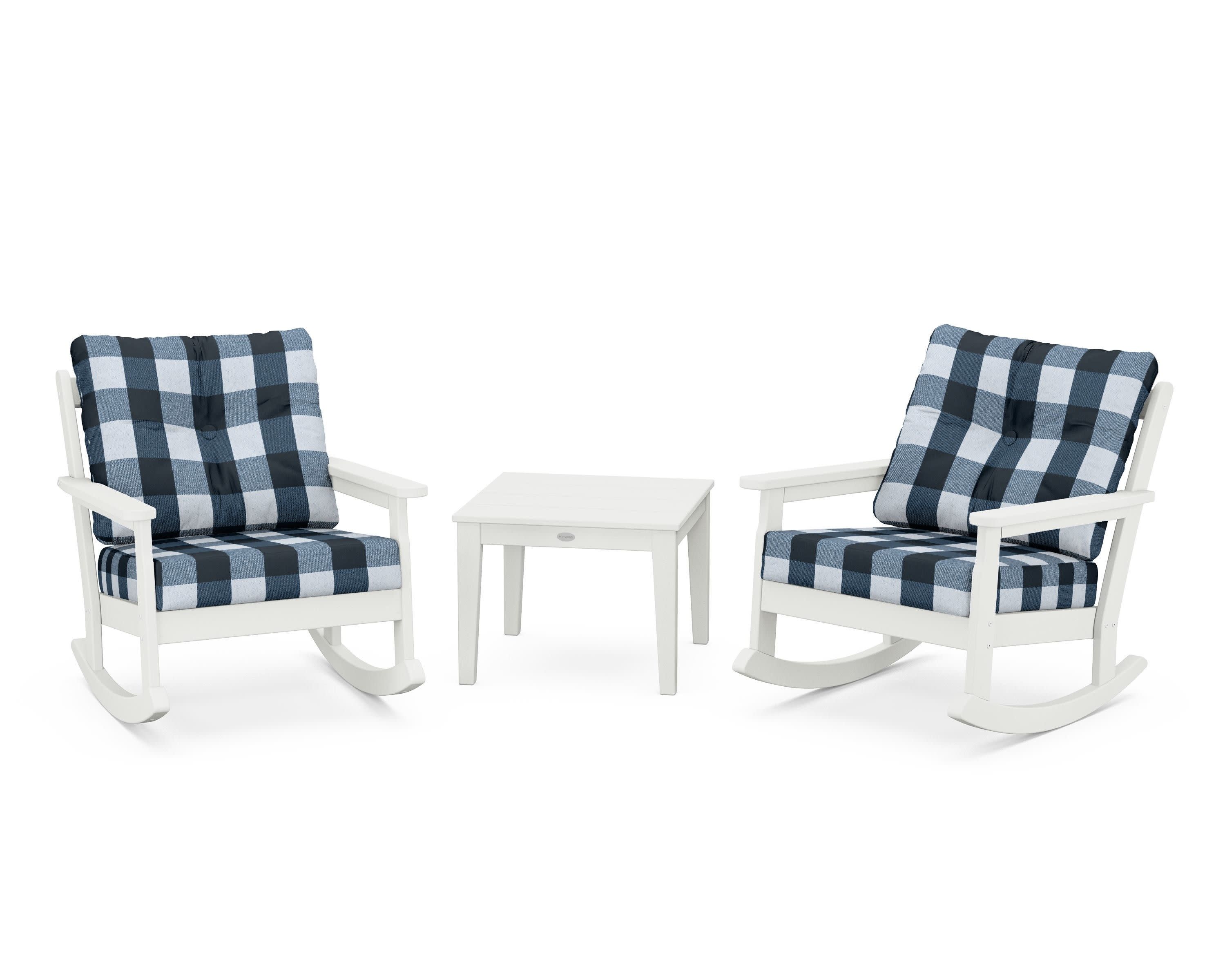 Vineyard 3-Piece Deep Seating Rocker Set in Vintage White / Buffalo Plaid Marine Indigo