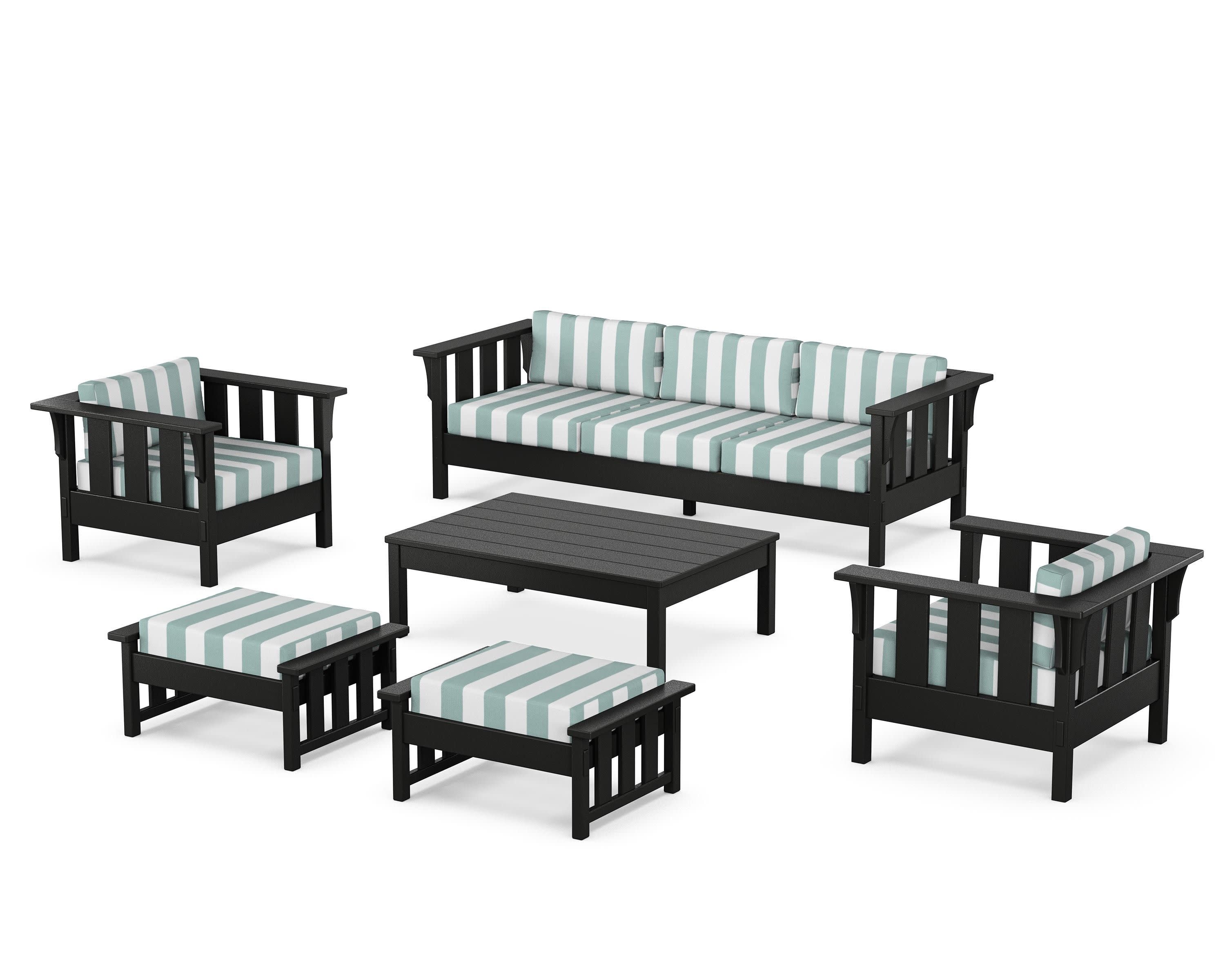 Acadia 6-Piece Lounge Sofa Set in Black / Cabana Stripe Glacier Spa