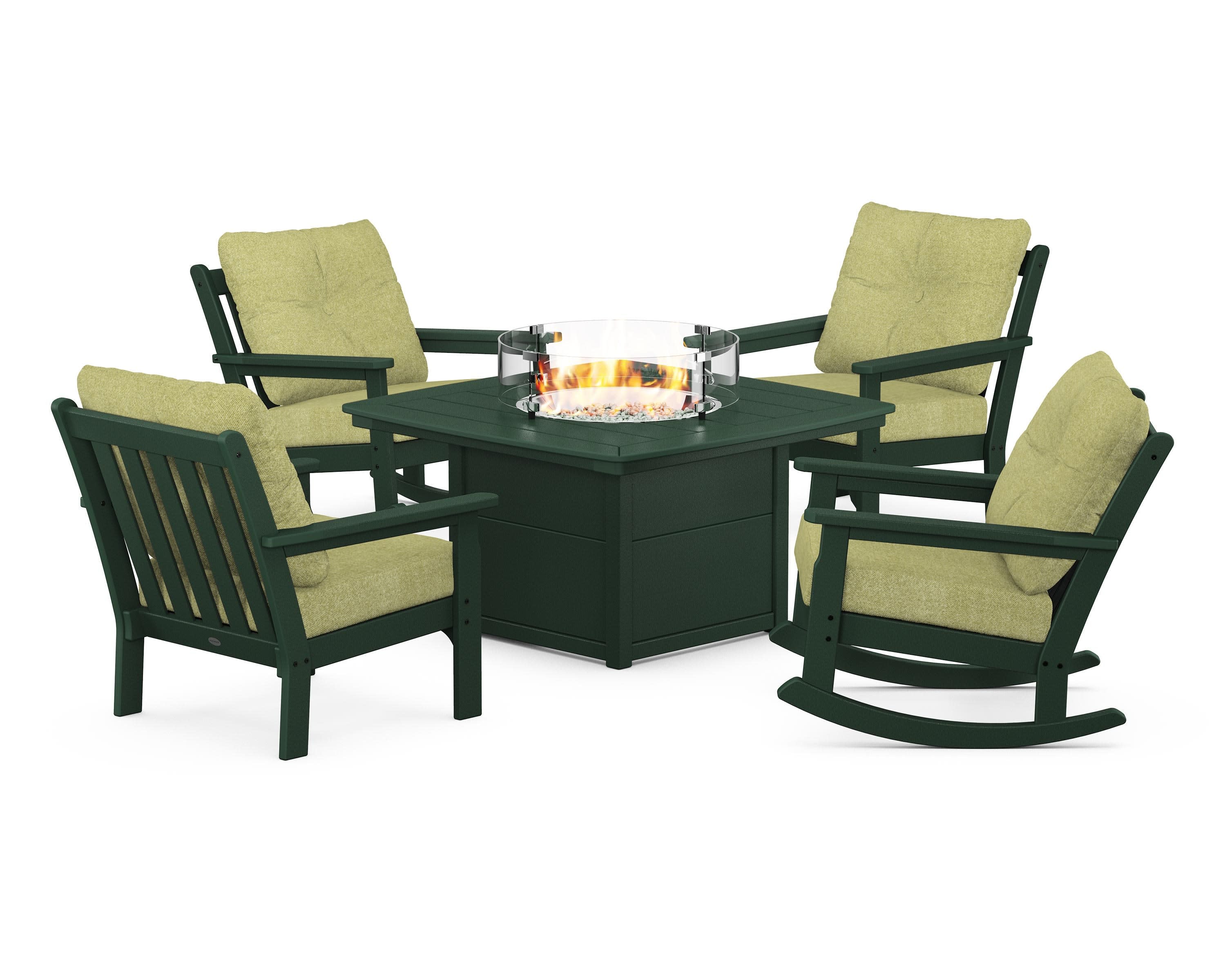 Vineyard 5-Piece Deep Seating Rocking Chair Conversation Set with Fire Pit Table in Green / Chartreuse Boucle