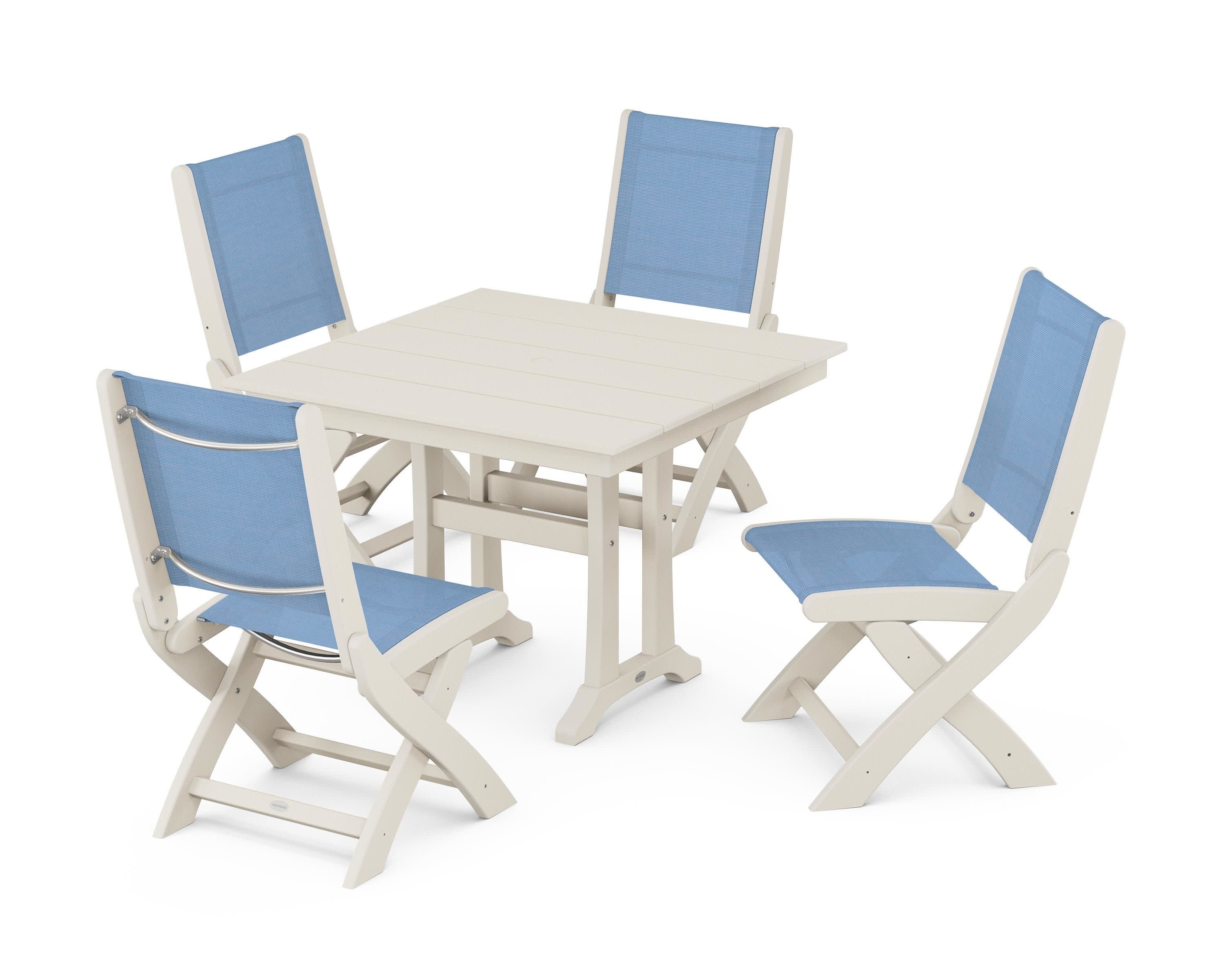 Coastal Folding Side Chair 5-Piece Farmhouse Dining Set With Trestle Legs in Sand / Poolside Sling