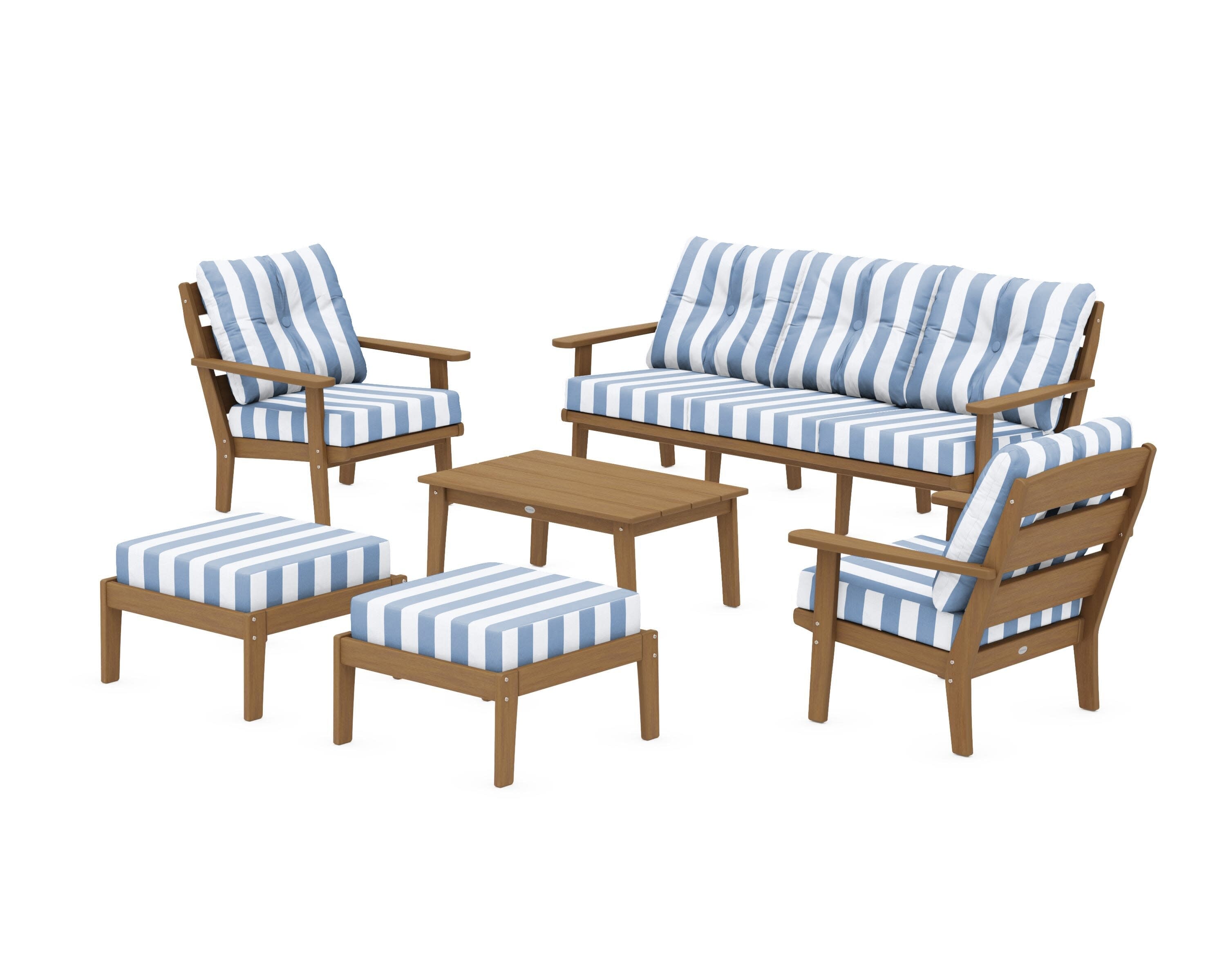 Lakeside 6-Piece Lounge Sofa Set in Natural / Cabana Stripe Sky Blue