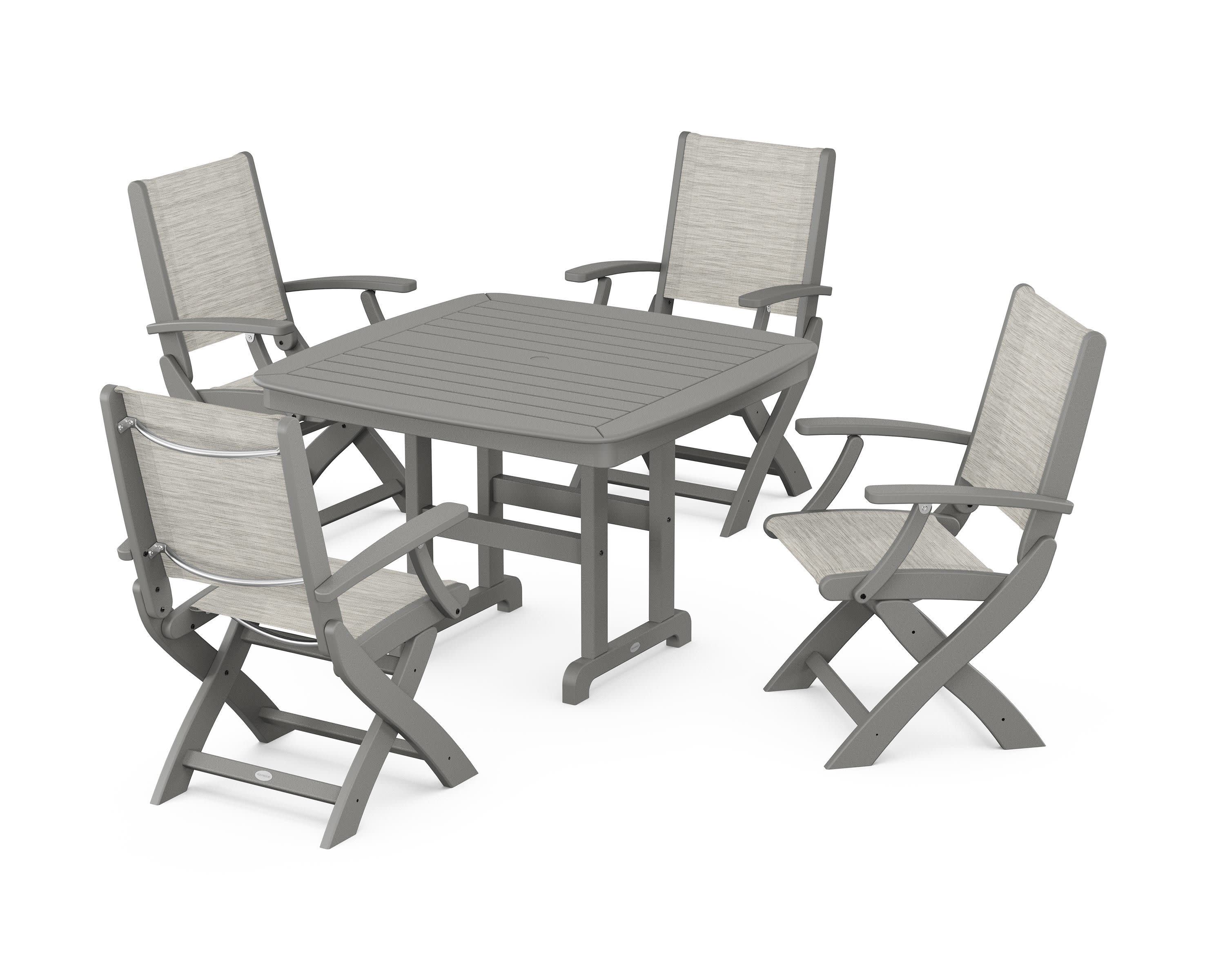 Coastal Folding Chair 5-Piece Dining Set in Slate Grey / Birch Sling