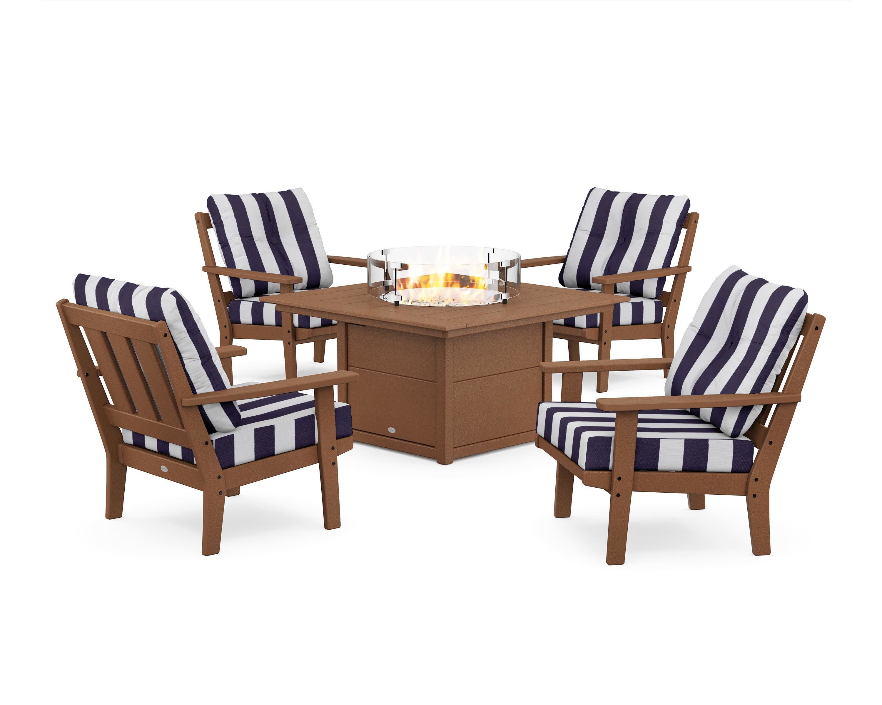 Oxford 5-Piece Deep Seating Set with Fire Pit Table in Teak / Cabana Stripe Navy