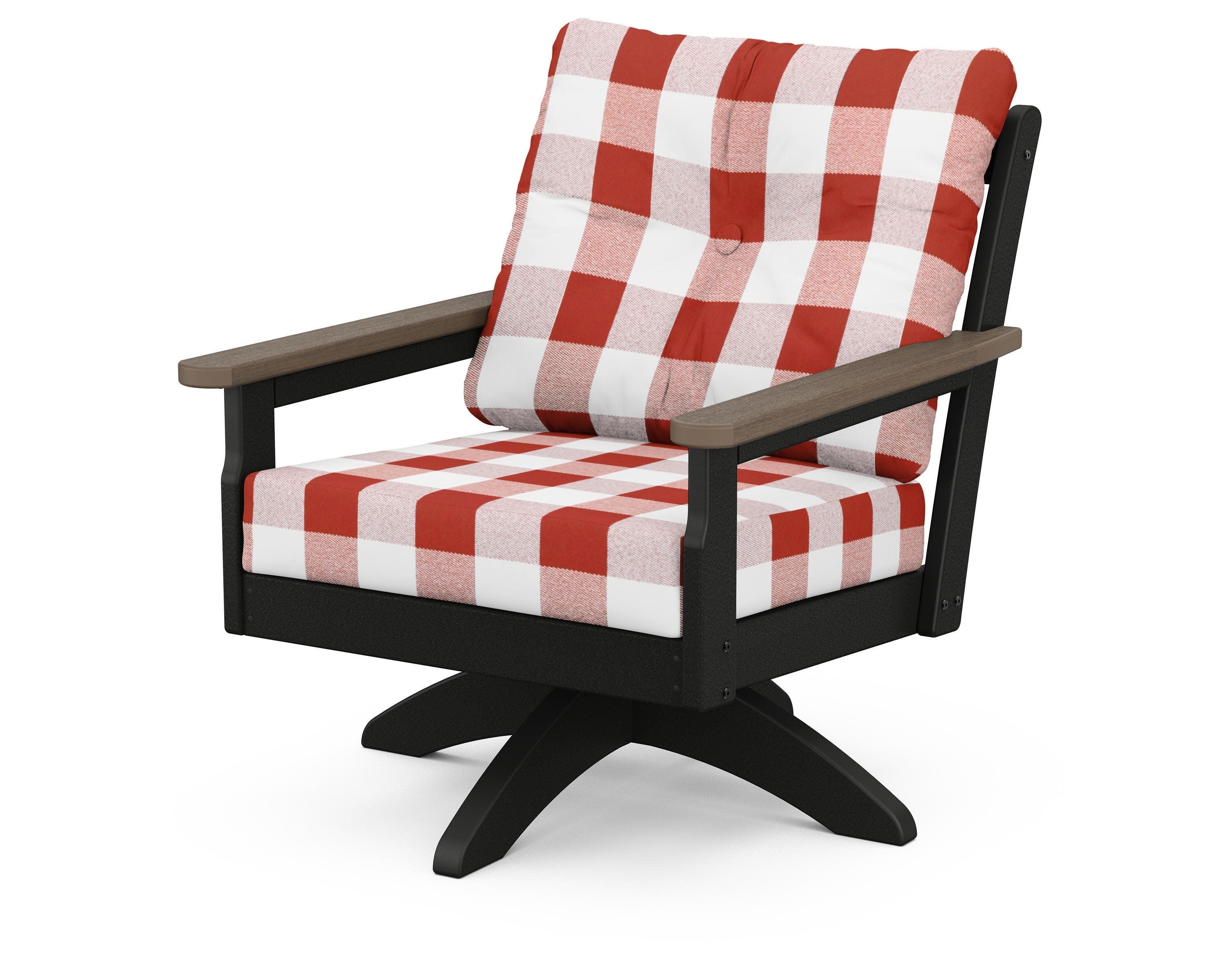 Vineyard Deep Seating Swivel Chair in Black / Kona / Buffalo Plaid Crimson