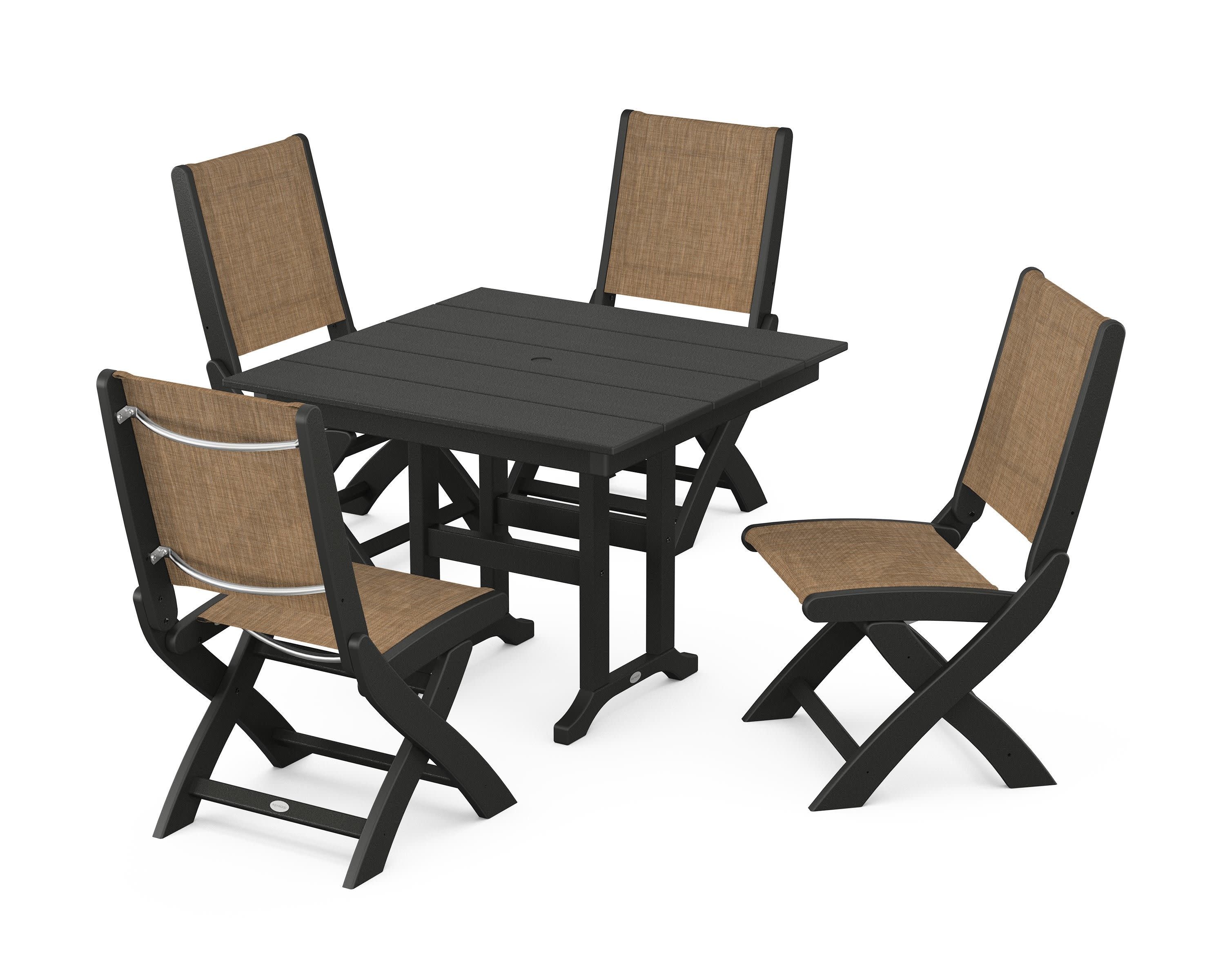 Coastal Folding Side Chair 5-Piece Farmhouse Dining Set in Black / Burlap Sling