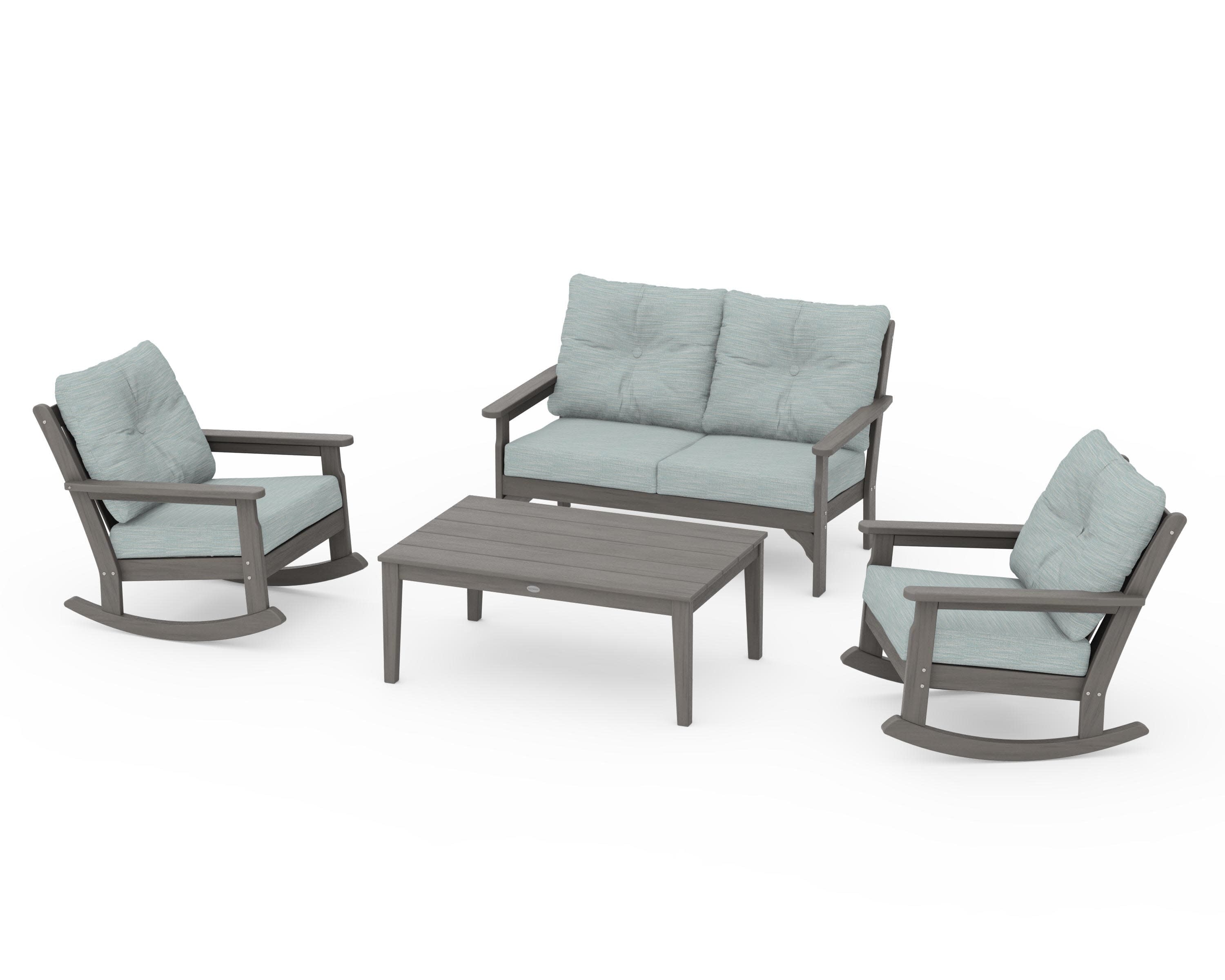 Vineyard 4-Piece Deep Seating Rocking Chair Set in Driftwood / Soothe Mist