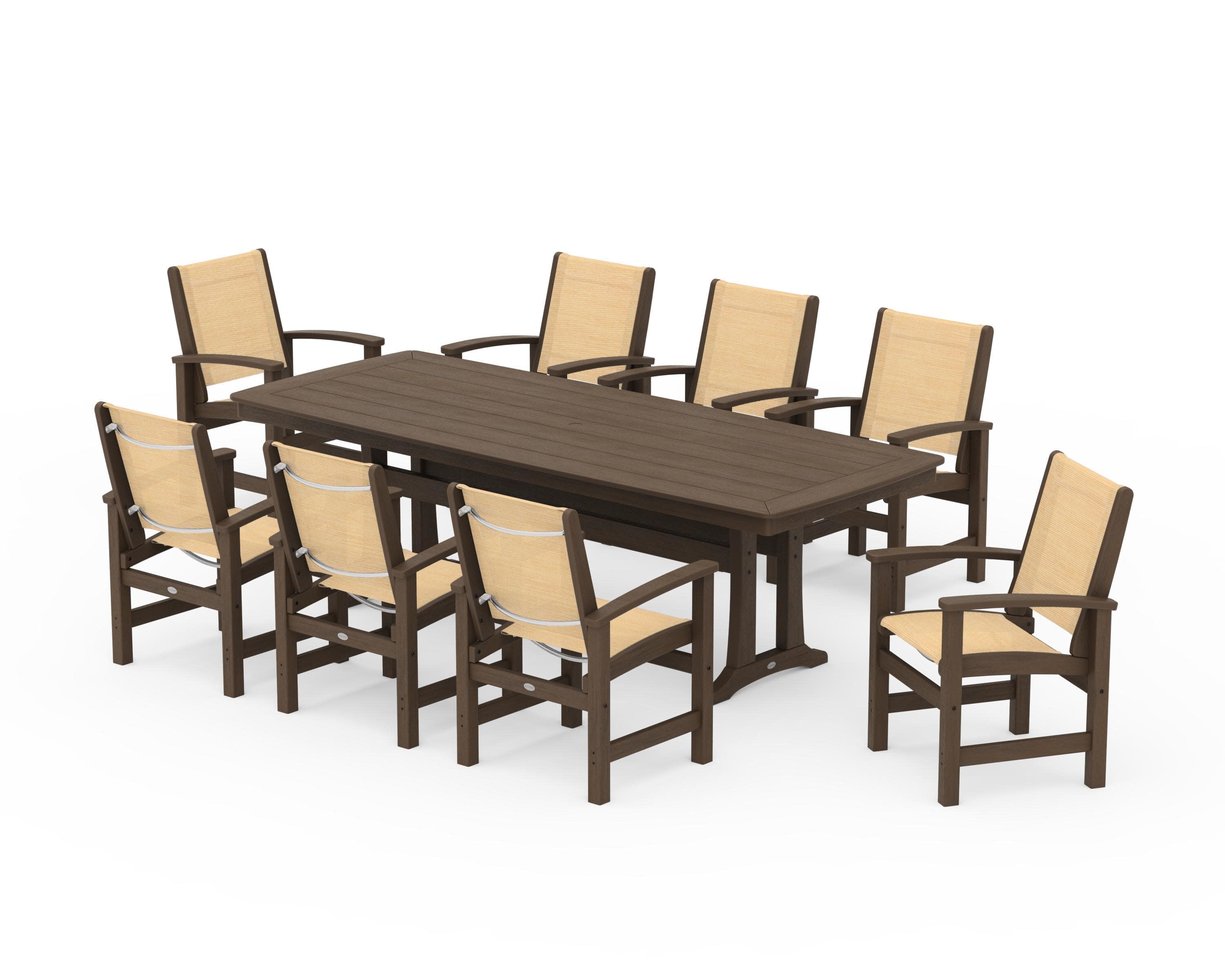 Coastal 9-Piece Dining Set with Trestle Legs in Kona / Dupioni Apricot Sling