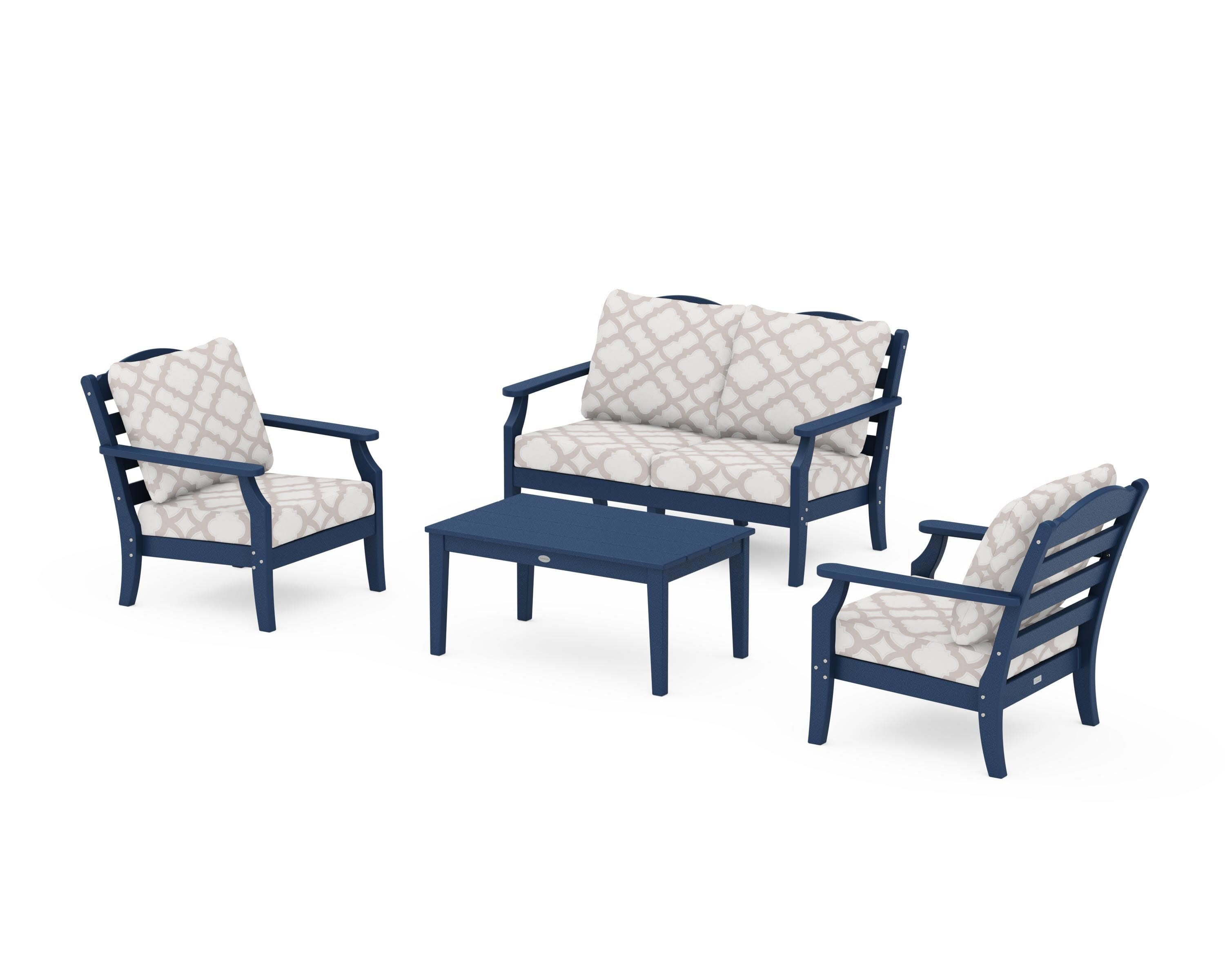 Savannah 4-Piece Deep Seating Set with Loveseat in Navy / Trellis Dune Burlap