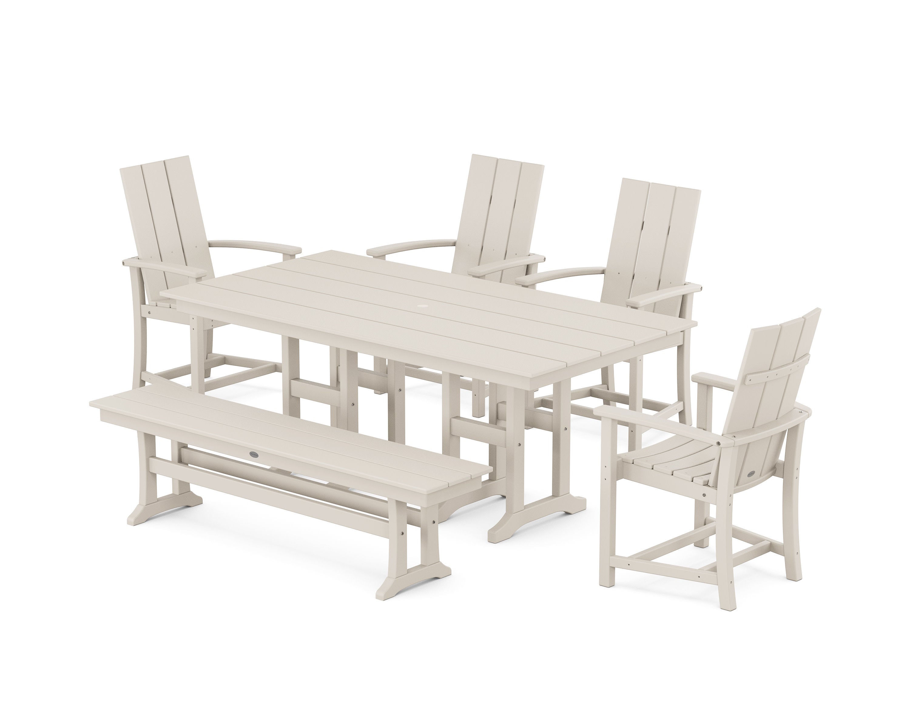 Modern Adirondack 6-Piece Dining Set with Trestle Legs and Bench in Sand