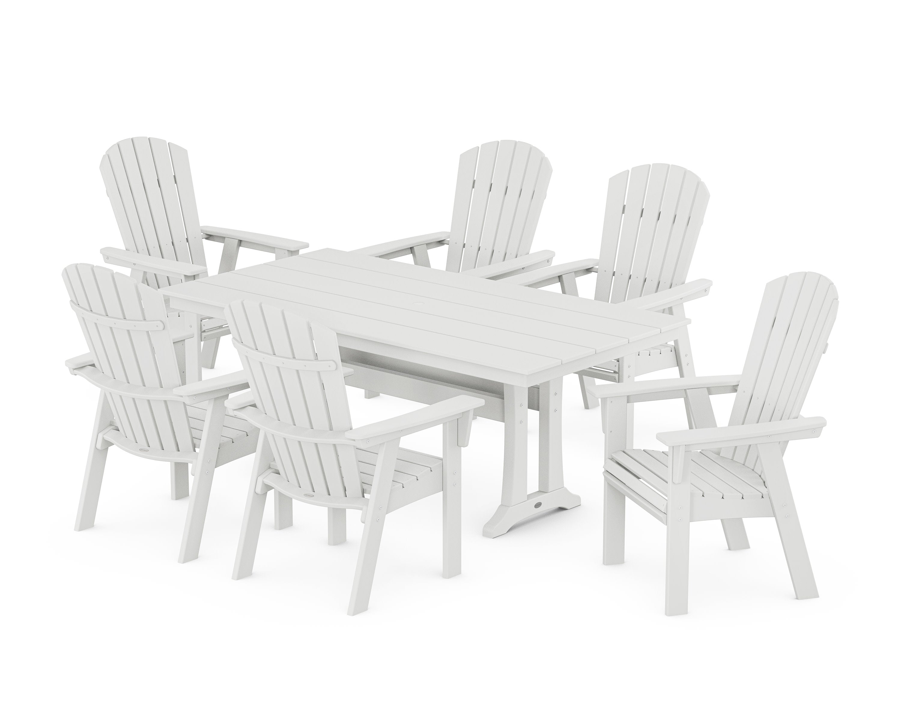 Nautical Curveback Adirondack 7-Piece Farmhouse Dining Set with Trestle Legs in White