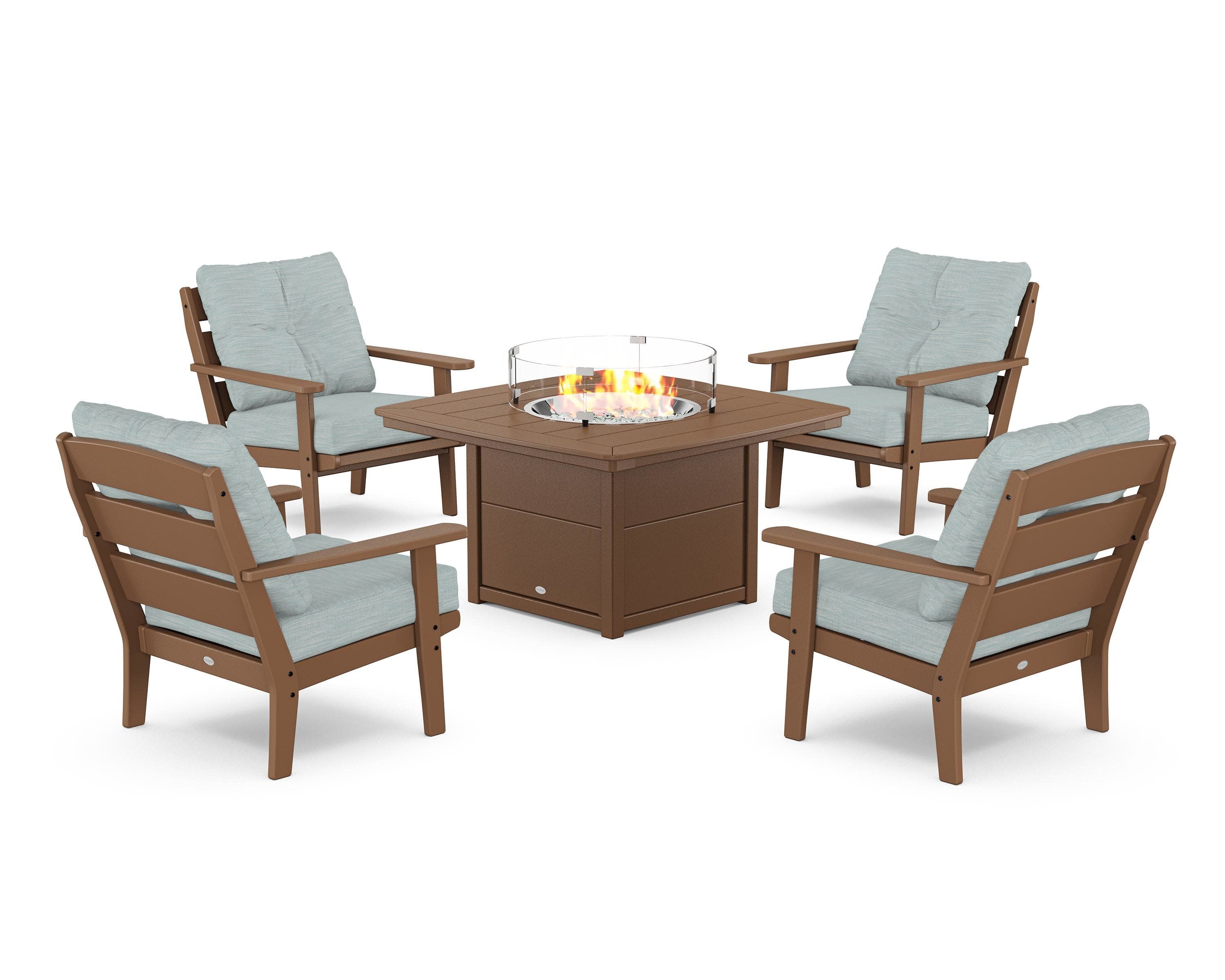 Lakeside 5-Piece Deep Seating Set with Nautical Fire Pit Table in Teak / Soothe Mist