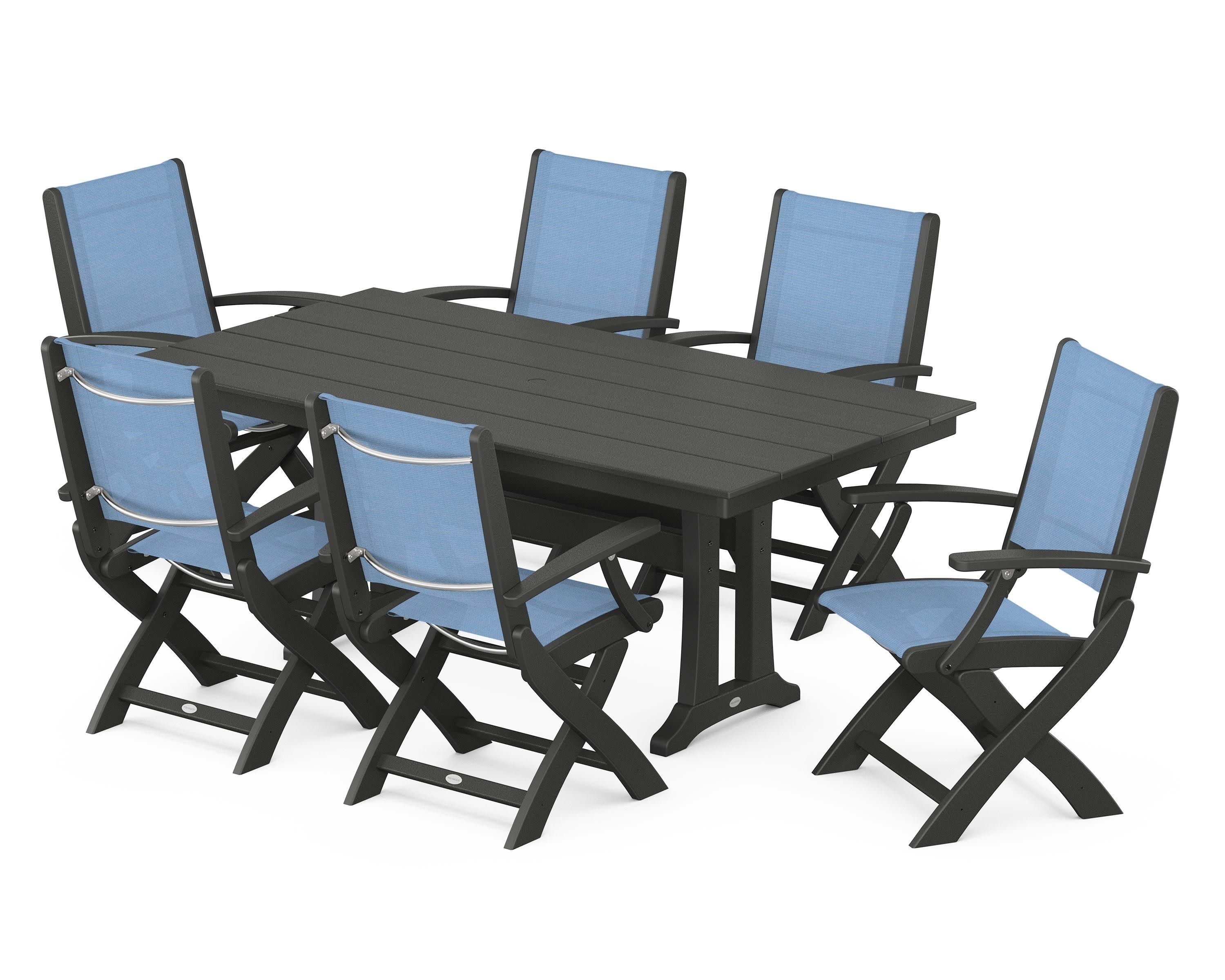 Coastal Folding Arm Chair 7-Piece Farmhouse Dining Set with Trestle Legs in Black / Poolside Sling