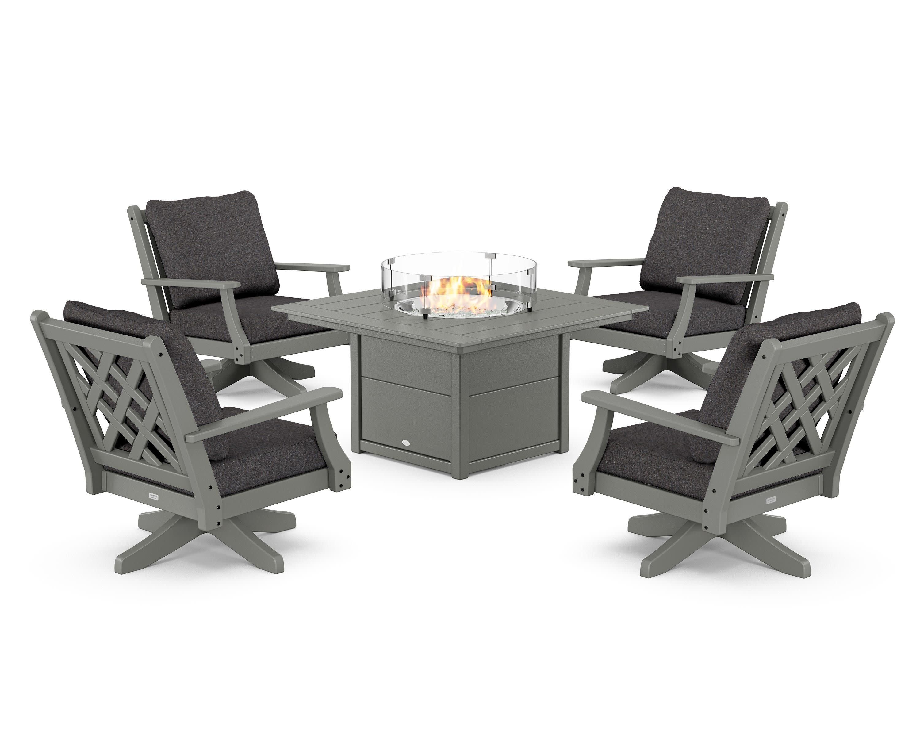 Wovendale 5-Piece Deep Seating Swivel Conversation Set with Fire Pit Table in Slate Grey / Ash Charcoal