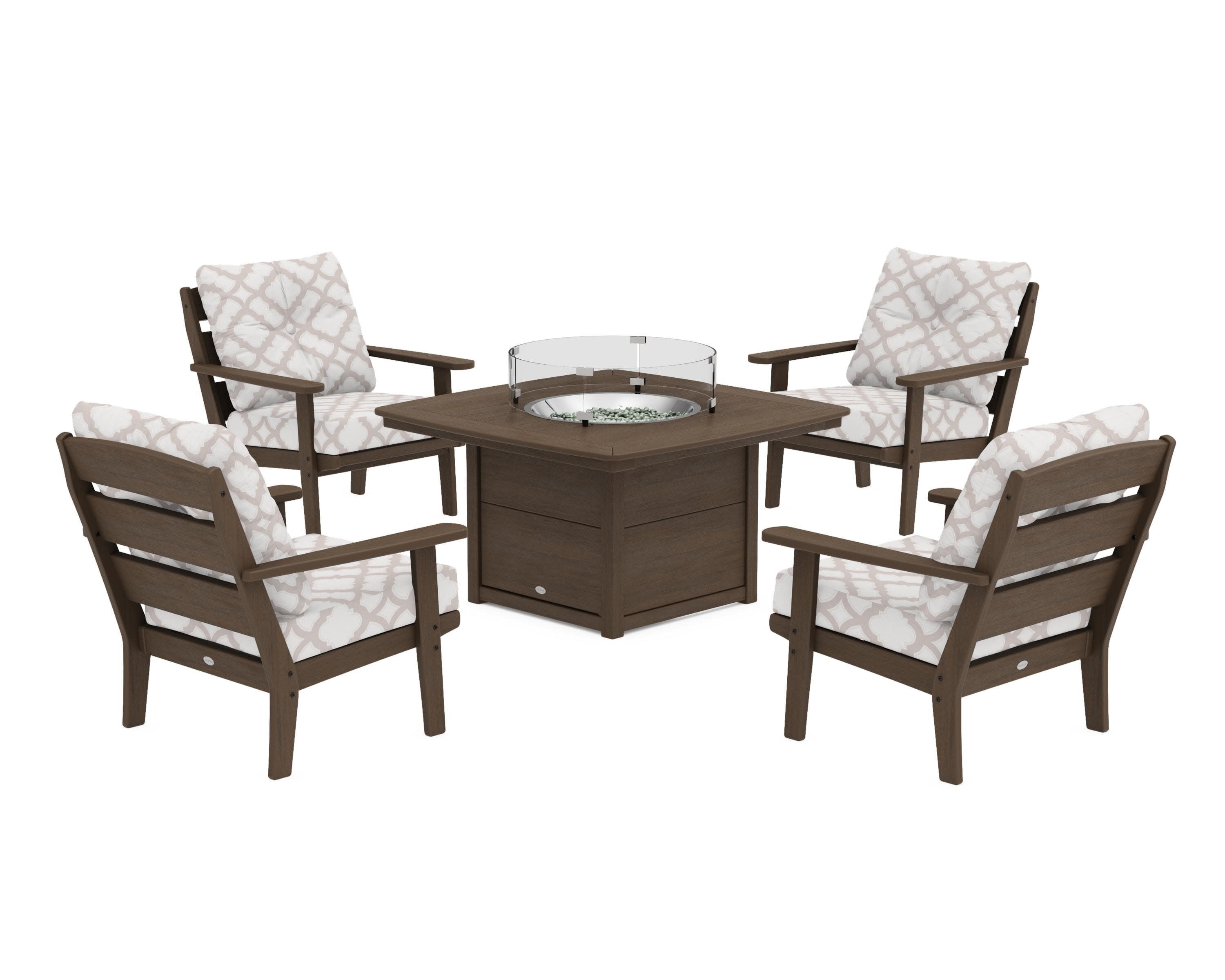 Lakeside 5-Piece Deep Seating Set with Nautical Fire Pit Table in Kona / Trellis Dune Burlap