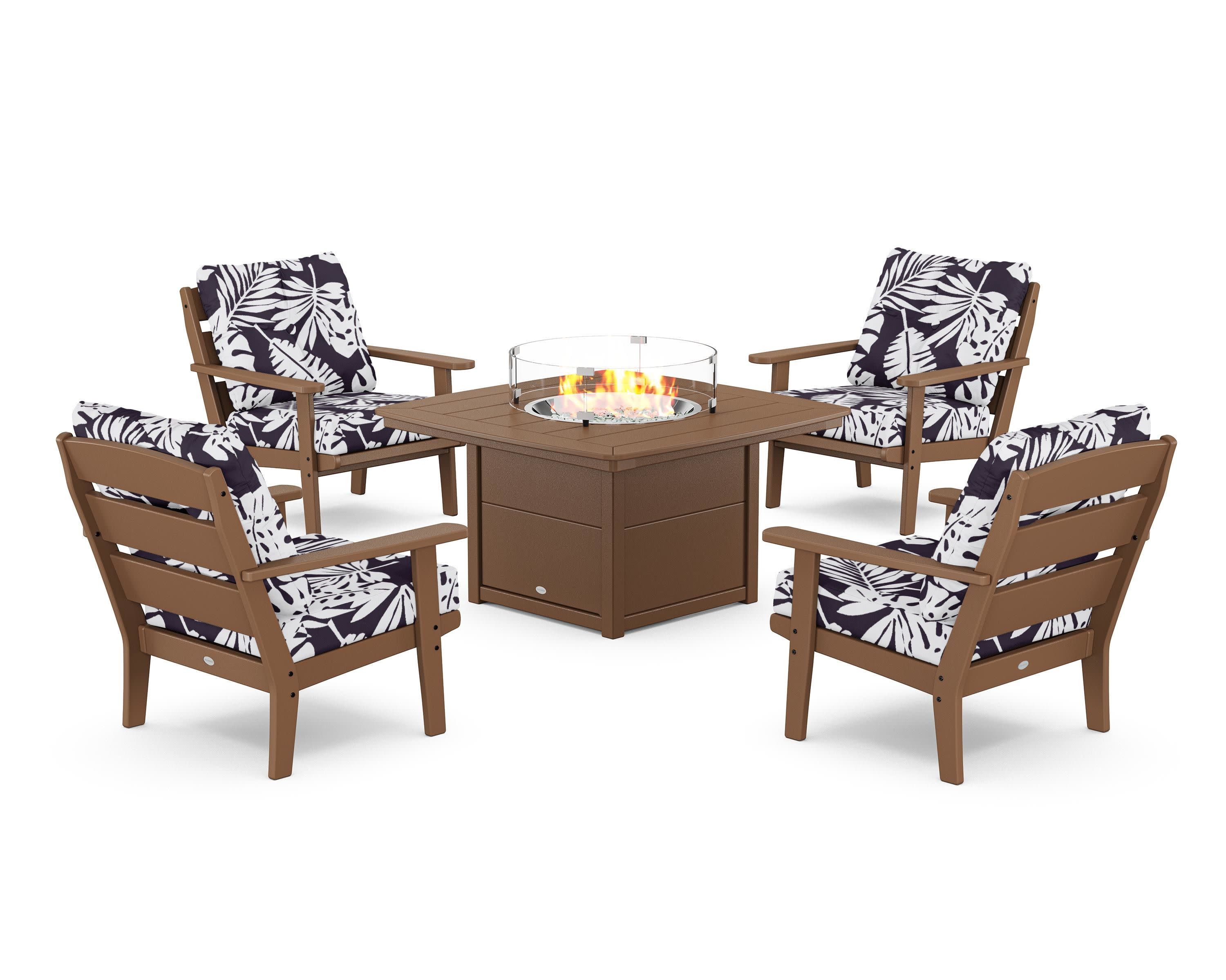 Lakeside 5-Piece Deep Seating Set with Nautical Fire Pit Table in Teak / Leaf Navy