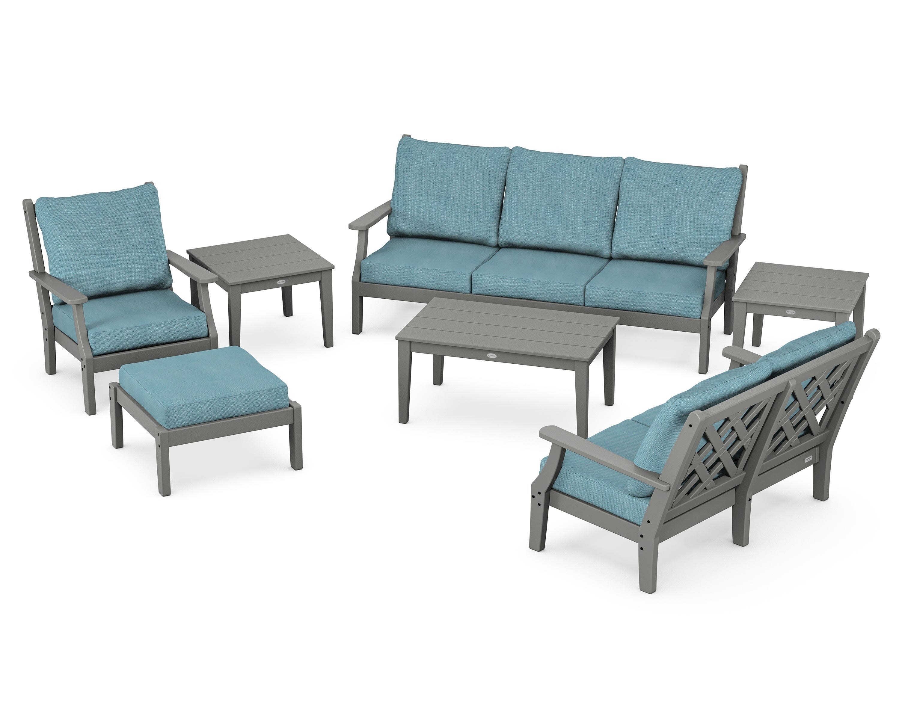 Wovendale 7-Piece Deep Seating Set in Slate Grey / Lattice Sky Blue