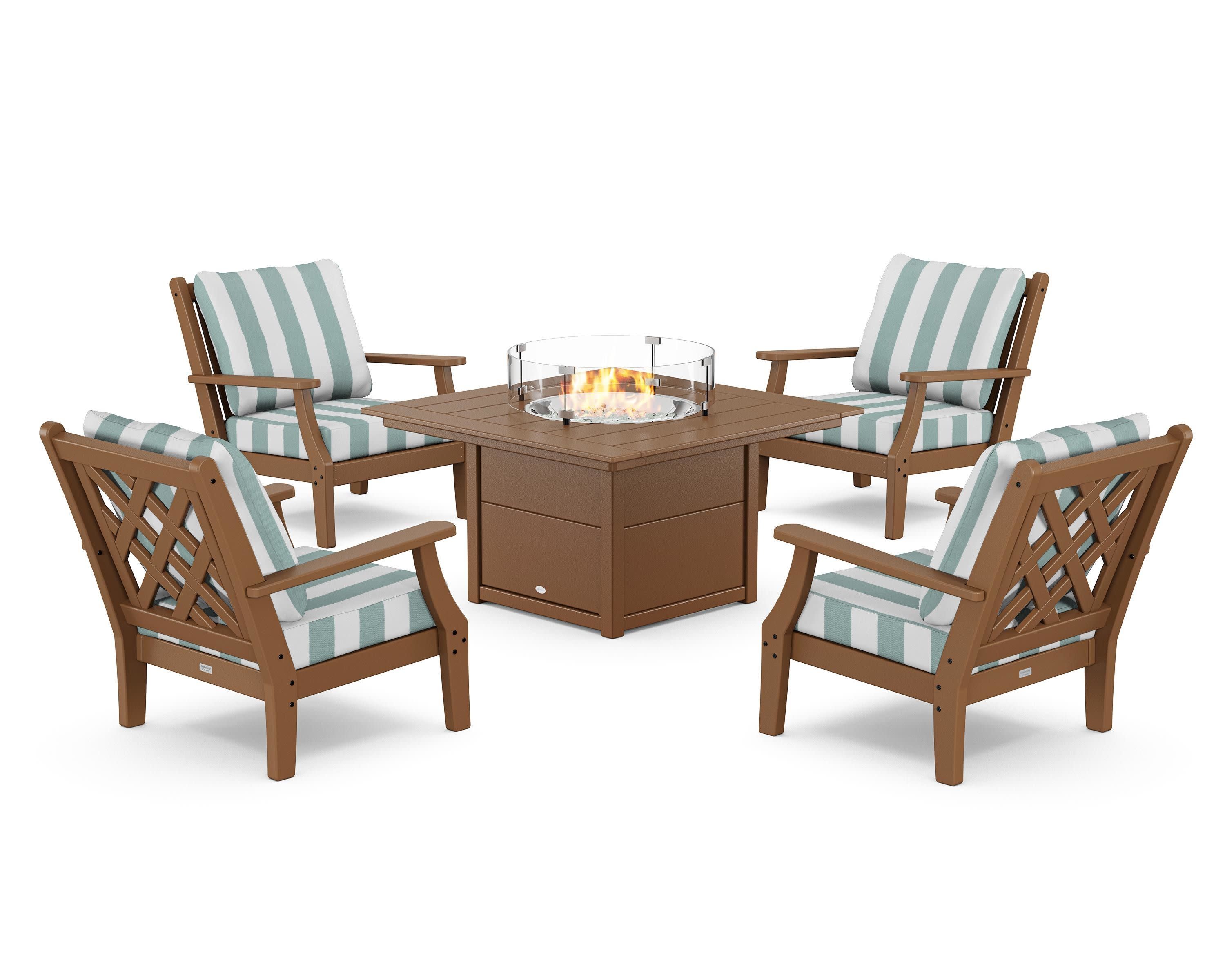 Wovendale 5-Piece Deep Seating Set with Fire Pit Table in Teak / Cabana Stripe Glacier Spa