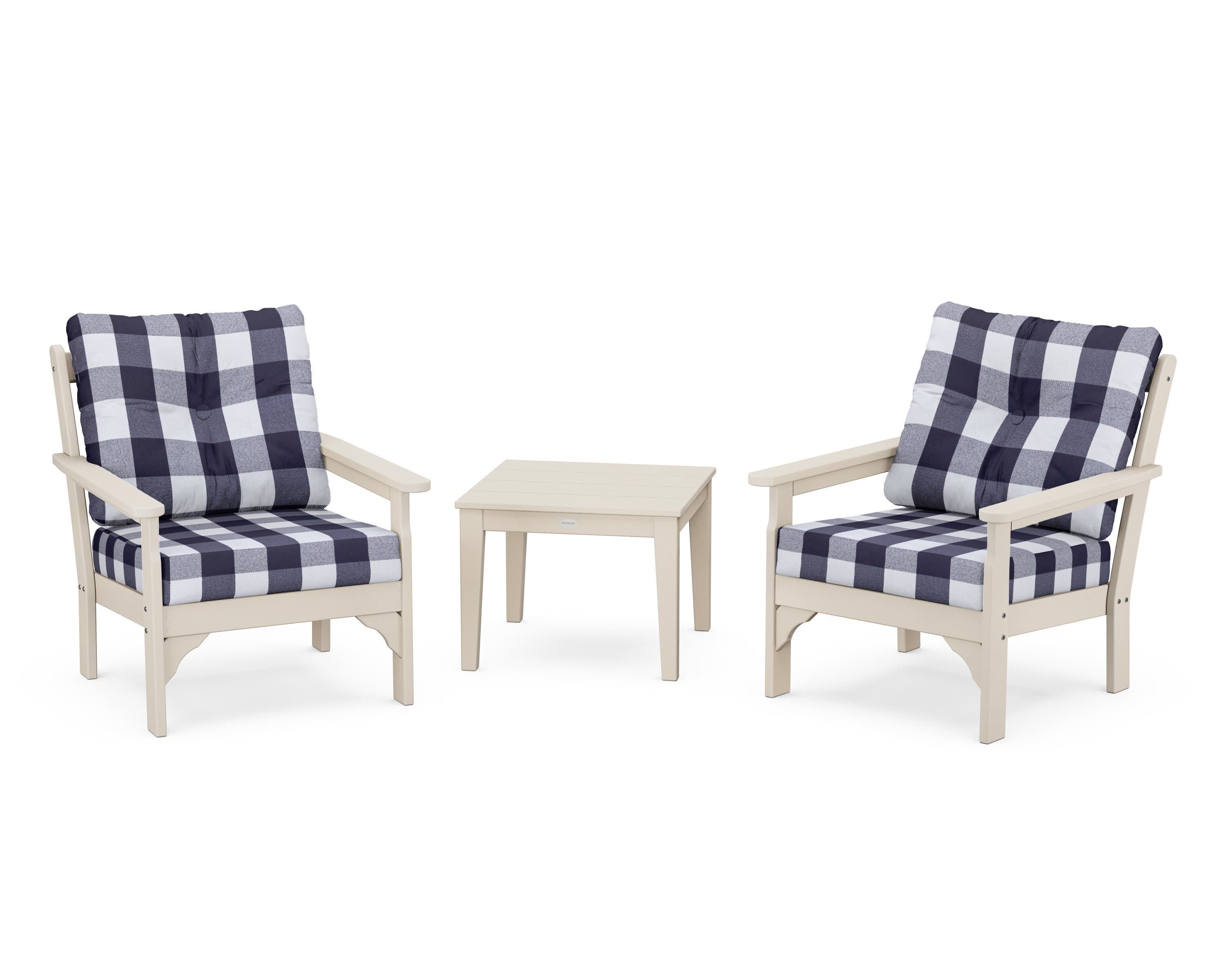 Vineyard 3-Piece Deep Seating Set in Sand / Buffalo Plaid Navy