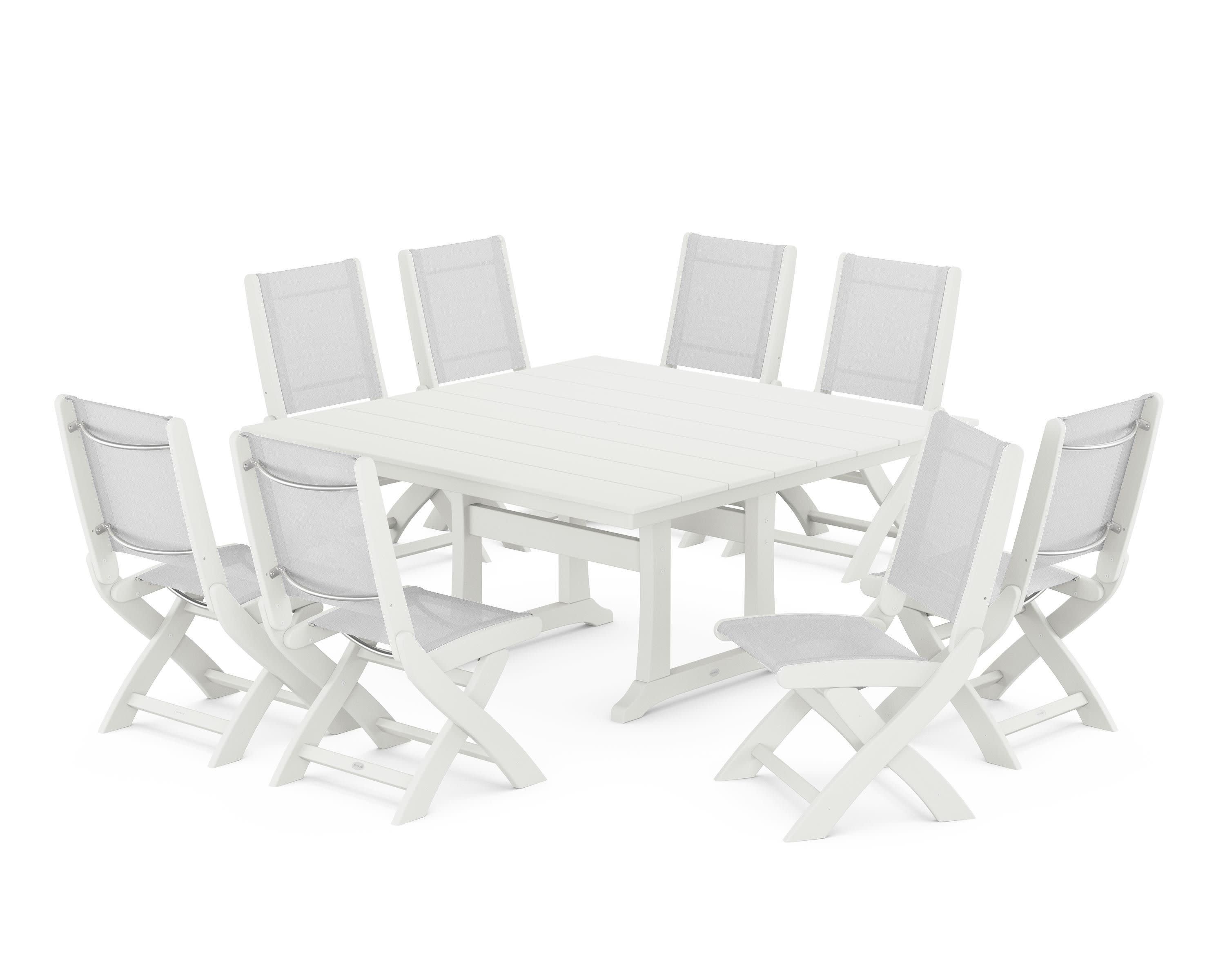 Coastal Folding Side Chair 9-Piece Farmhouse Dining Set in Vintage White / White Sling